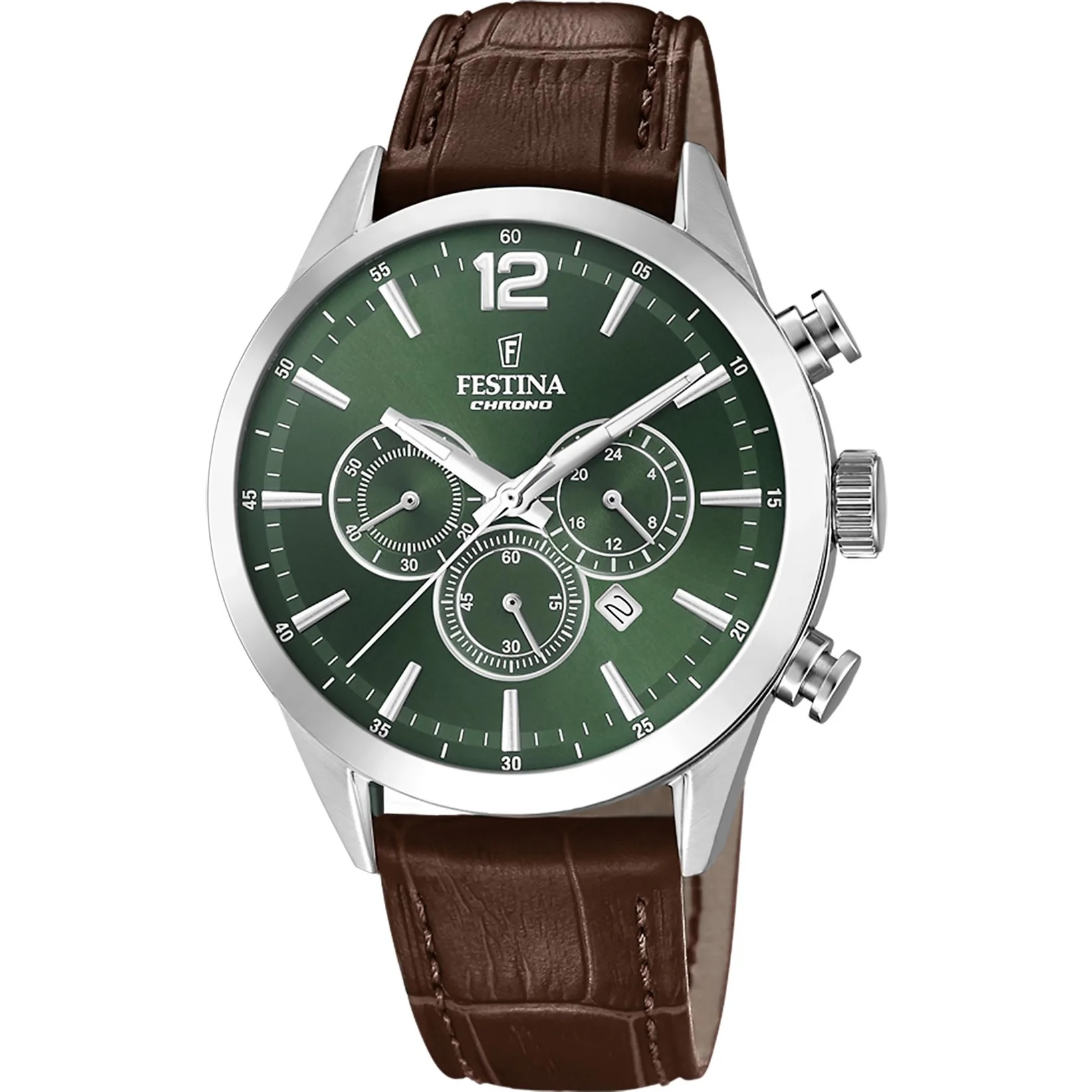 FESTINA Timeless Chronograph Green Dial 43.5mm Silver Stainless Steel Brown Leather Strap F20542/8 - 