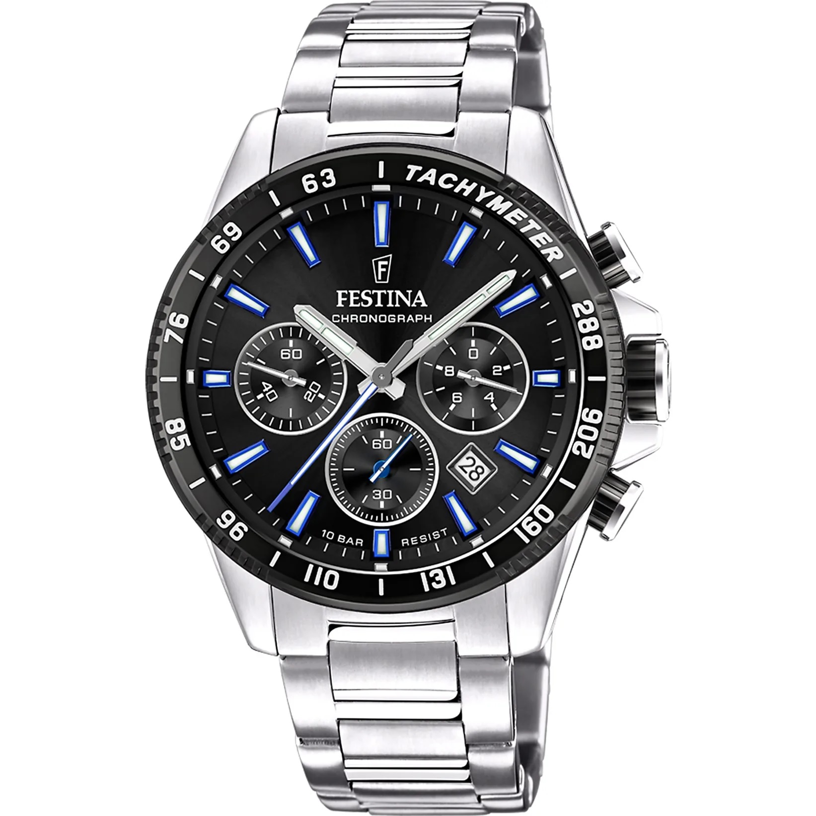 FESTINA Timeless Chronograph Black Dial 45mm Silver Stainless Steel Bracelet F20560/5 - 