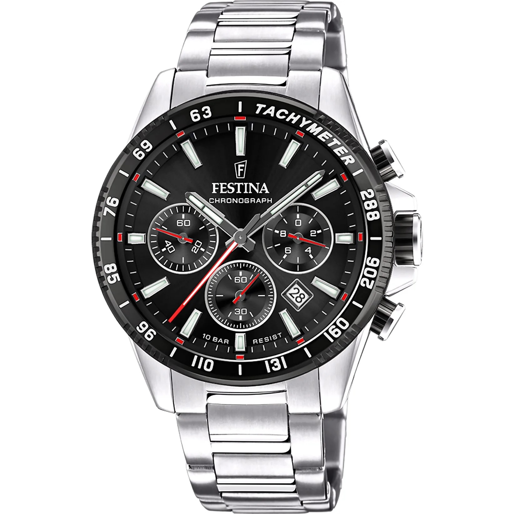 FESTINA Timeless Chronograph Black Dial 45mm Silver Stainless Steel Bracelet F20560/6 - 