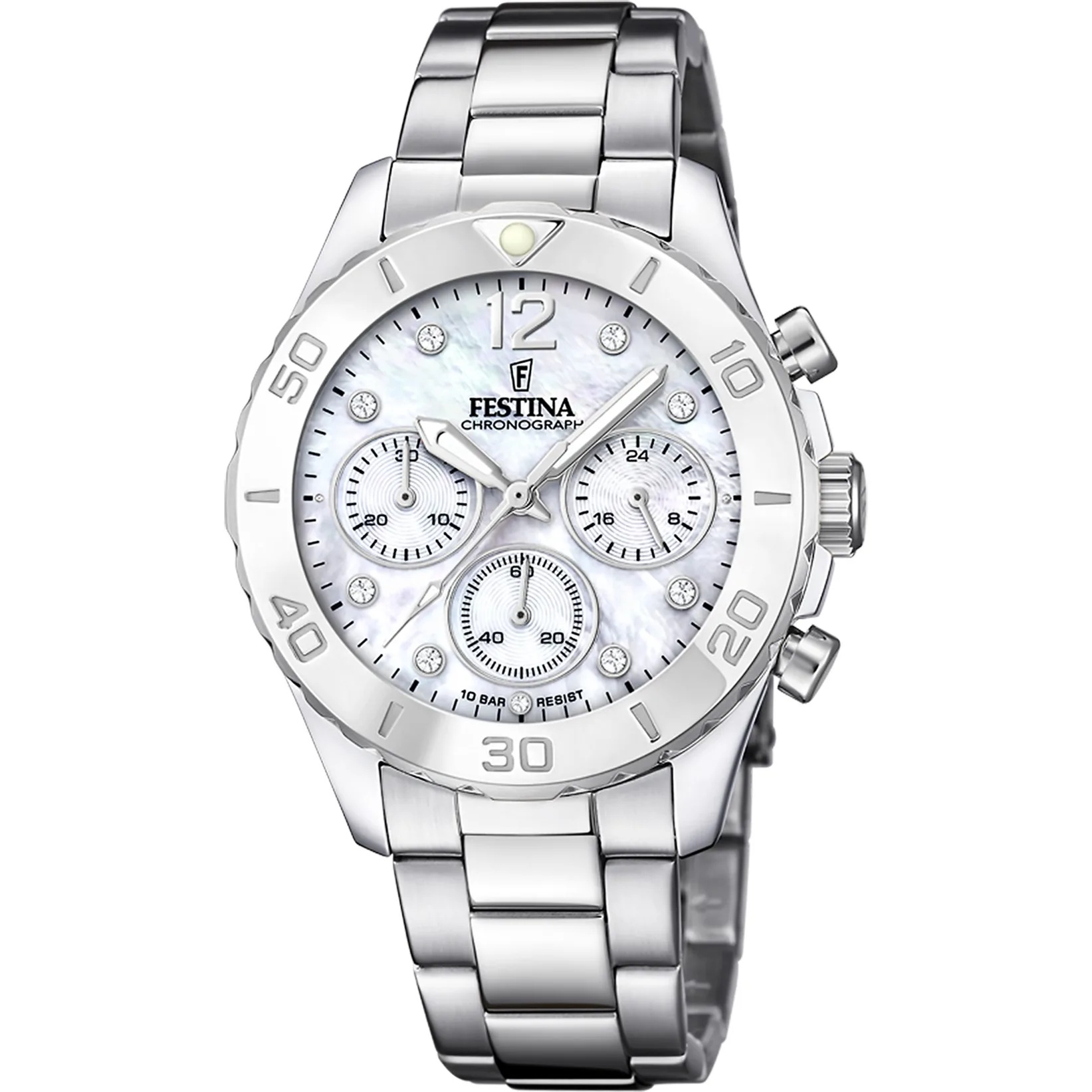 FESTINA Boyfriend Crystals Chronograph White Pearl Dial 39mm Silver Stainless Steel Bracelet F20603/1 - 