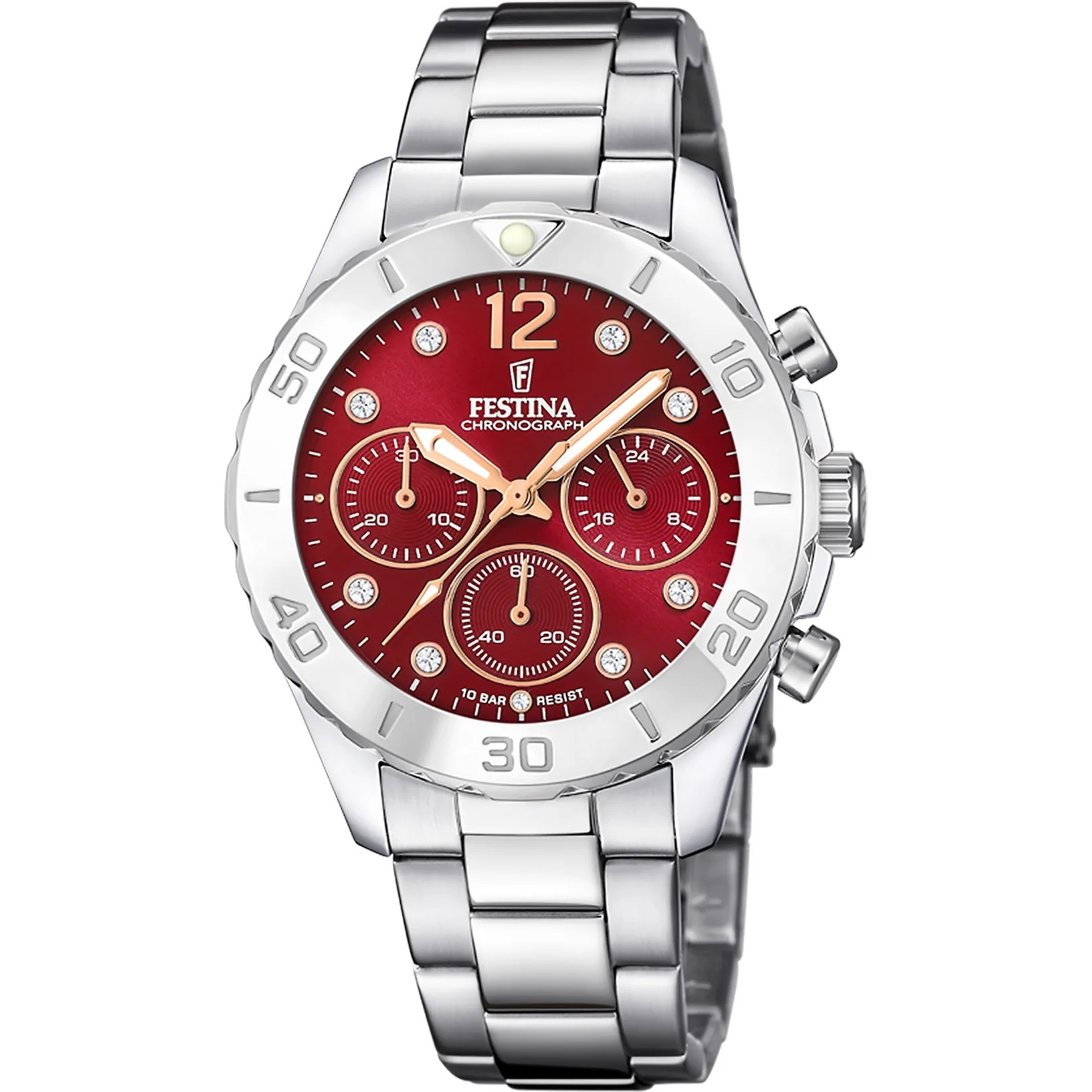 FESTINA Boyfriend Crystals Chronograph Red Dial 39mm Silver Stainless Steel Bracelet F20603/2 - 