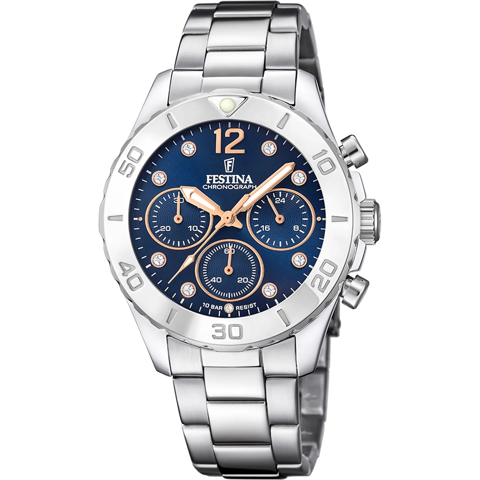 FESTINA Boyfriend Crystals Chronograph Blue Dial 39mm Silver Stainless Steel Bracelet F20603/3 - 