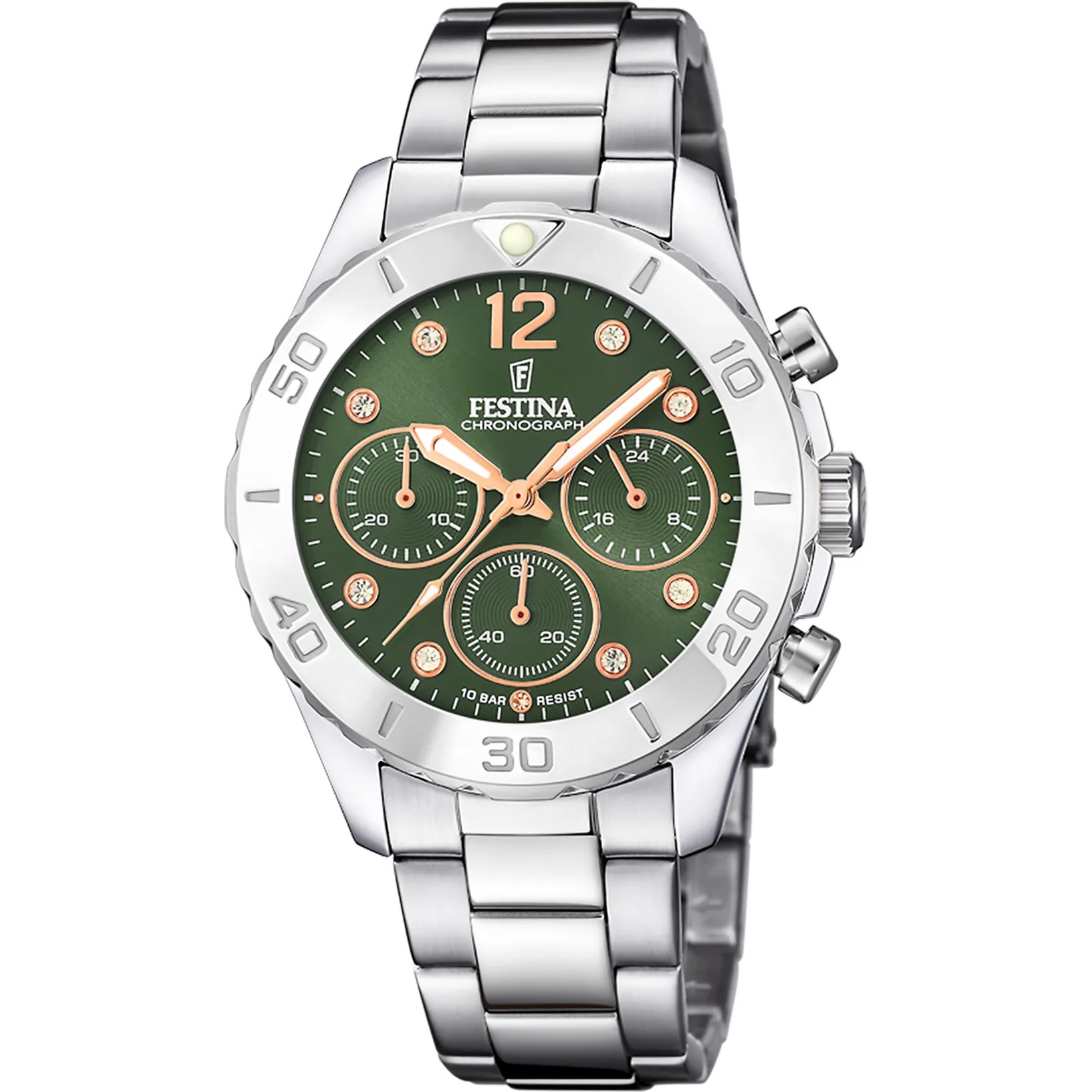 FESTINA Boyfriend Crystals Chronograph Green Dial 39mm Silver Stainless Steel Bracelet F20603/5 - 