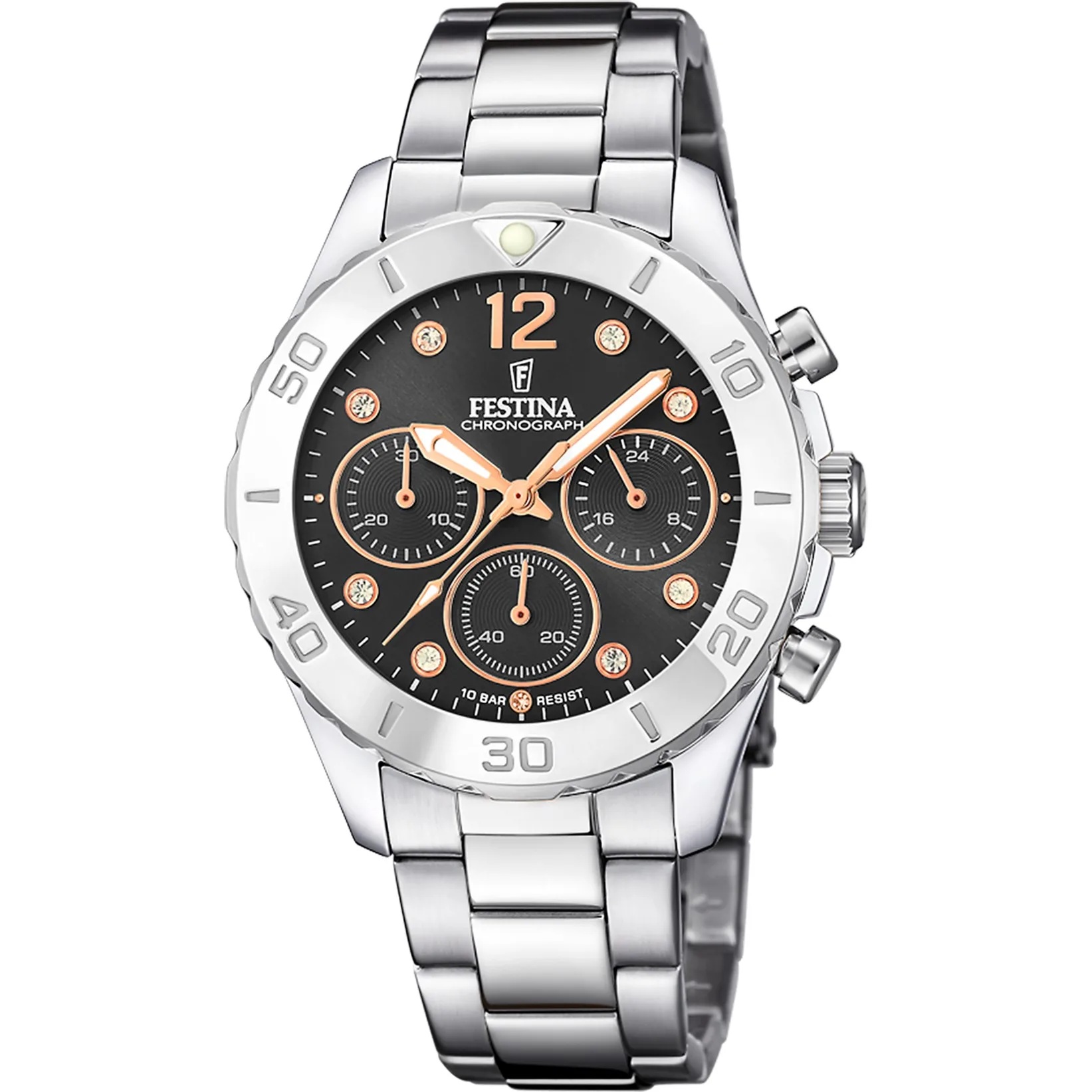 FESTINA Boyfriend Crystals Chronograph Black Dial 39mm Silver Stainless Steel Bracelet F20603/6 - 