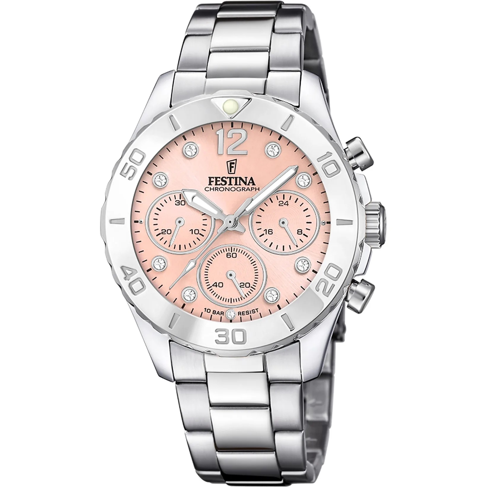 FESTINA Boyfriend Crystals Chronograph Rose Gold Dial 39mm Silver Stainless Steel Bracelet F20603/7 - 