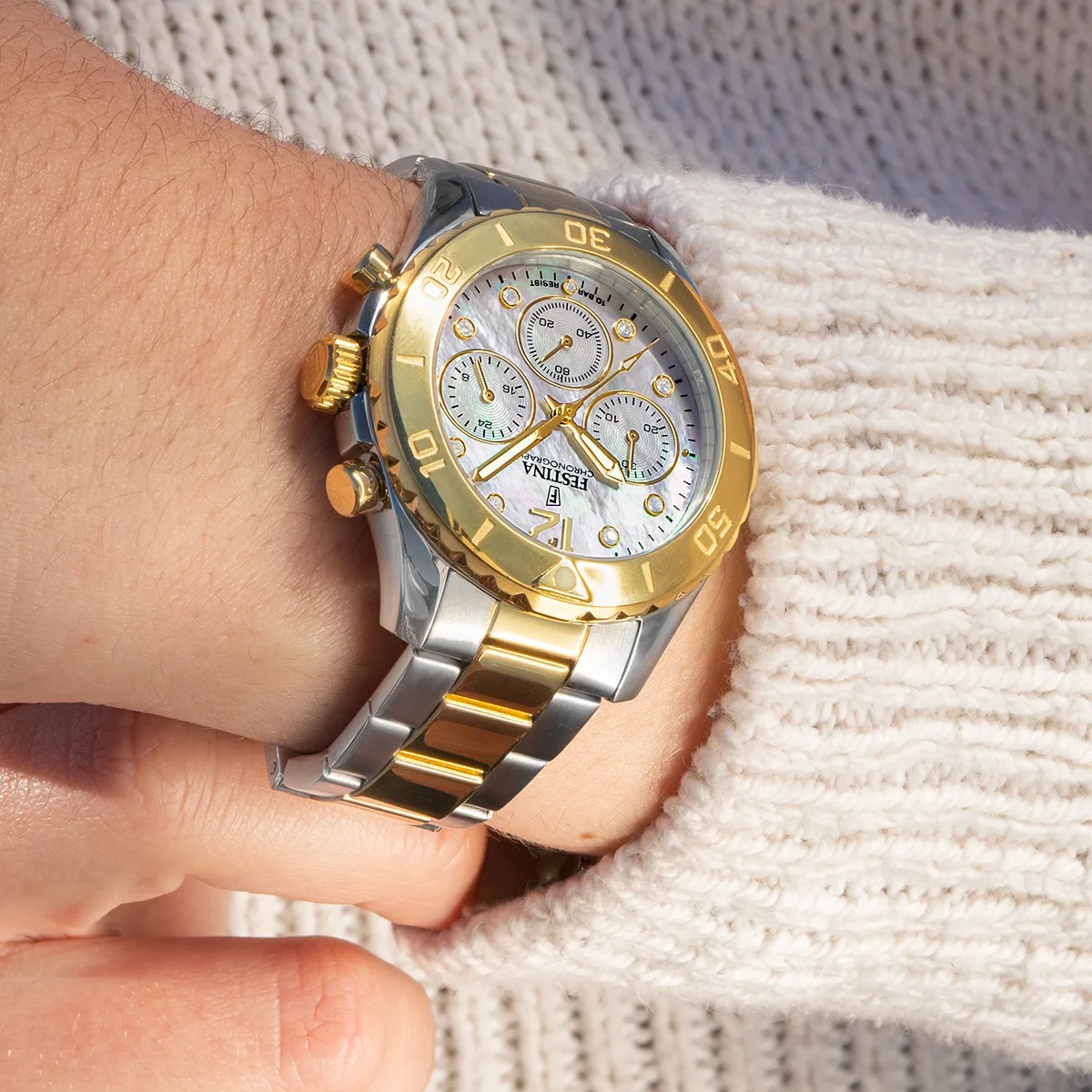 FESTINA Boyfriend Crystals Chronograph White Pearl Dial 39mm Two Tone Gold Stainless Steel Bracelet F20604/1 - 