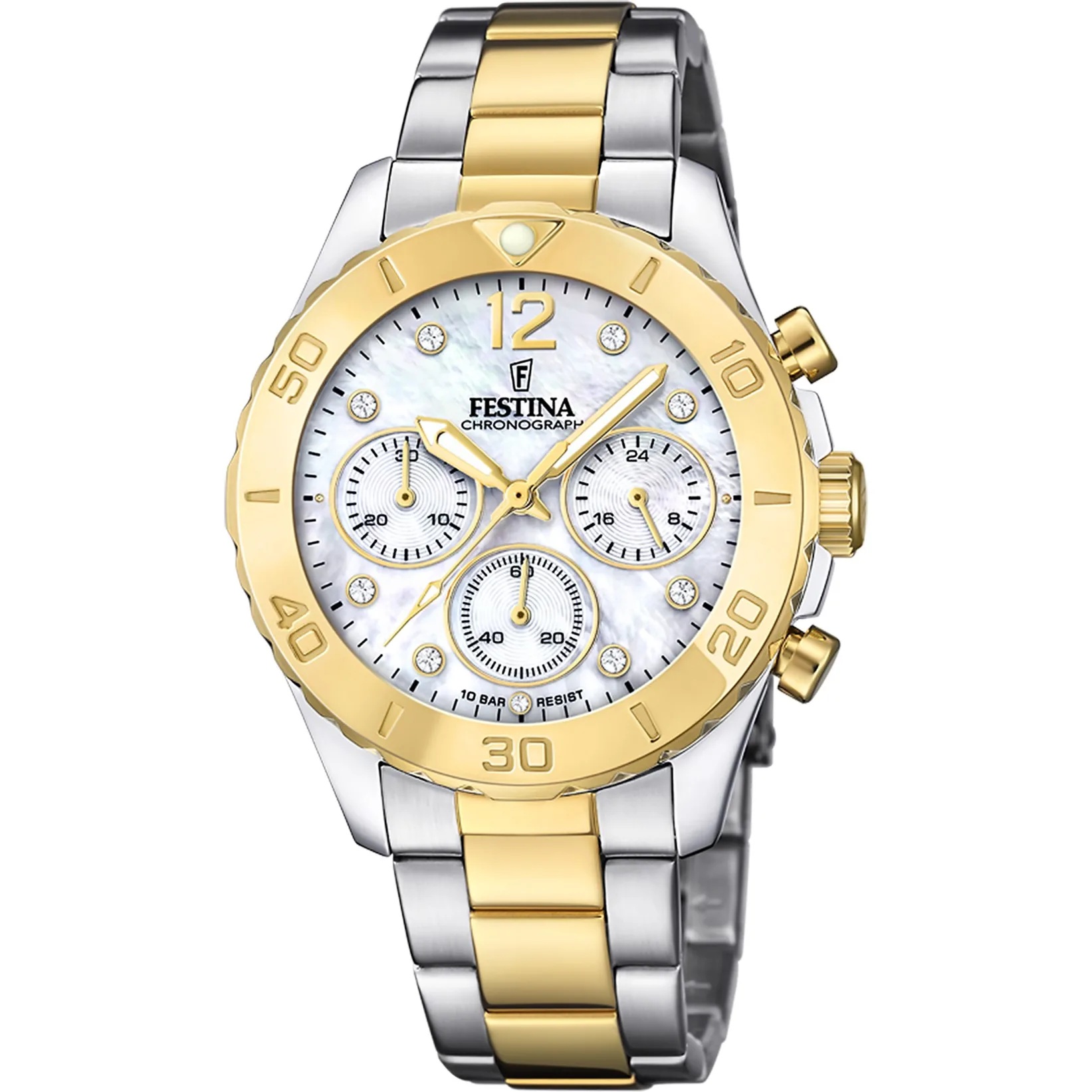 FESTINA Boyfriend Crystals Chronograph White Pearl Dial 39mm Two Tone Gold Stainless Steel Bracelet F20604/1 - 