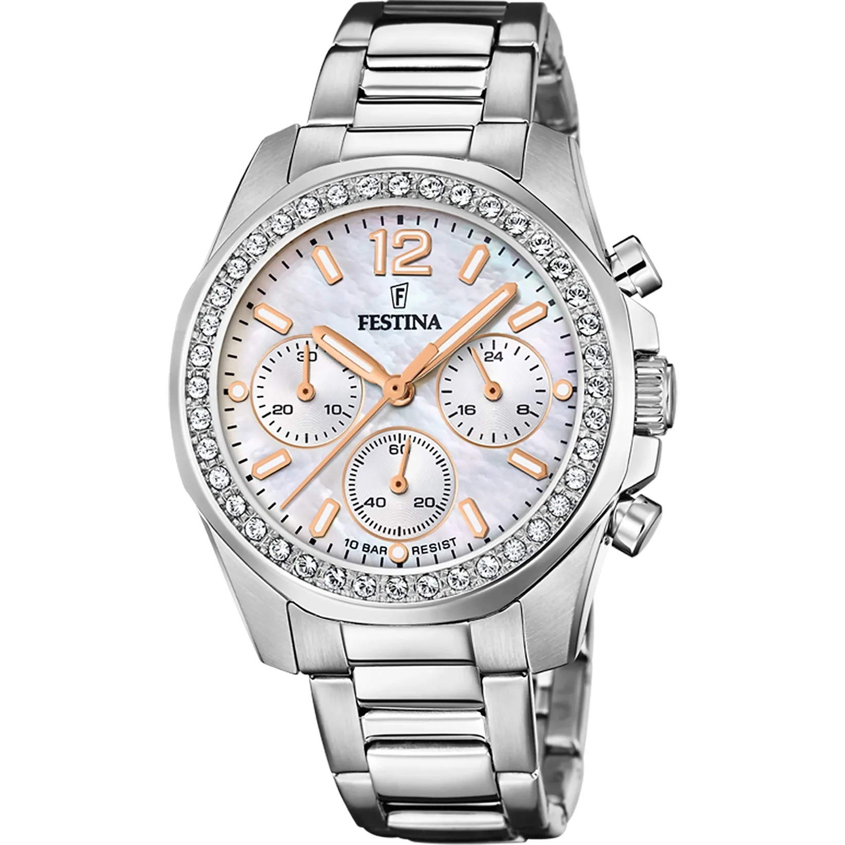 FESTINA Boyfriend Crystals Chronograph White Pearl Dial 39mm Silver Stainless Steel Bracelet F20606/1 - 