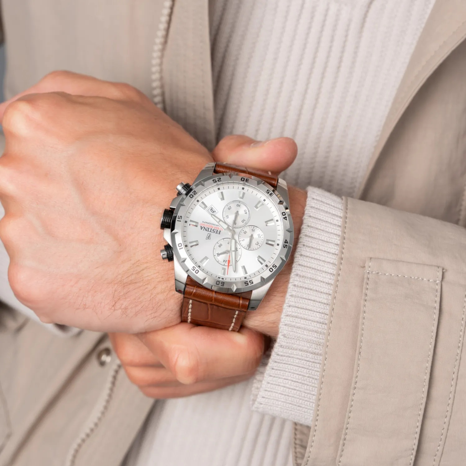 FESTINA Timeless Chronograph Silver Dial 45mm Silver Stainless Steel Brown Leather Strap F20692/1 - 