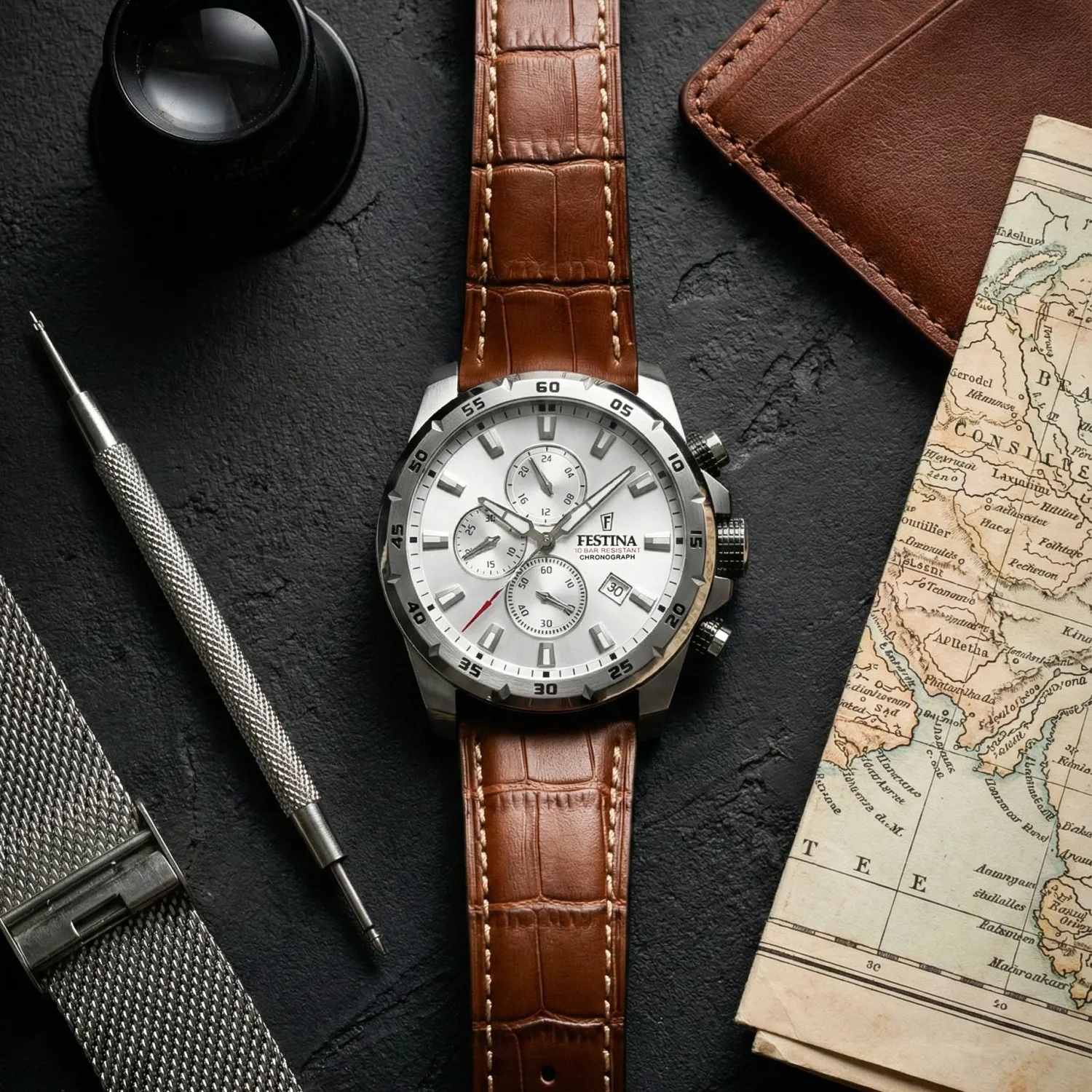 FESTINA Timeless Chronograph Silver Dial 45mm Silver Stainless Steel Brown Leather Strap F20692/1 - 3