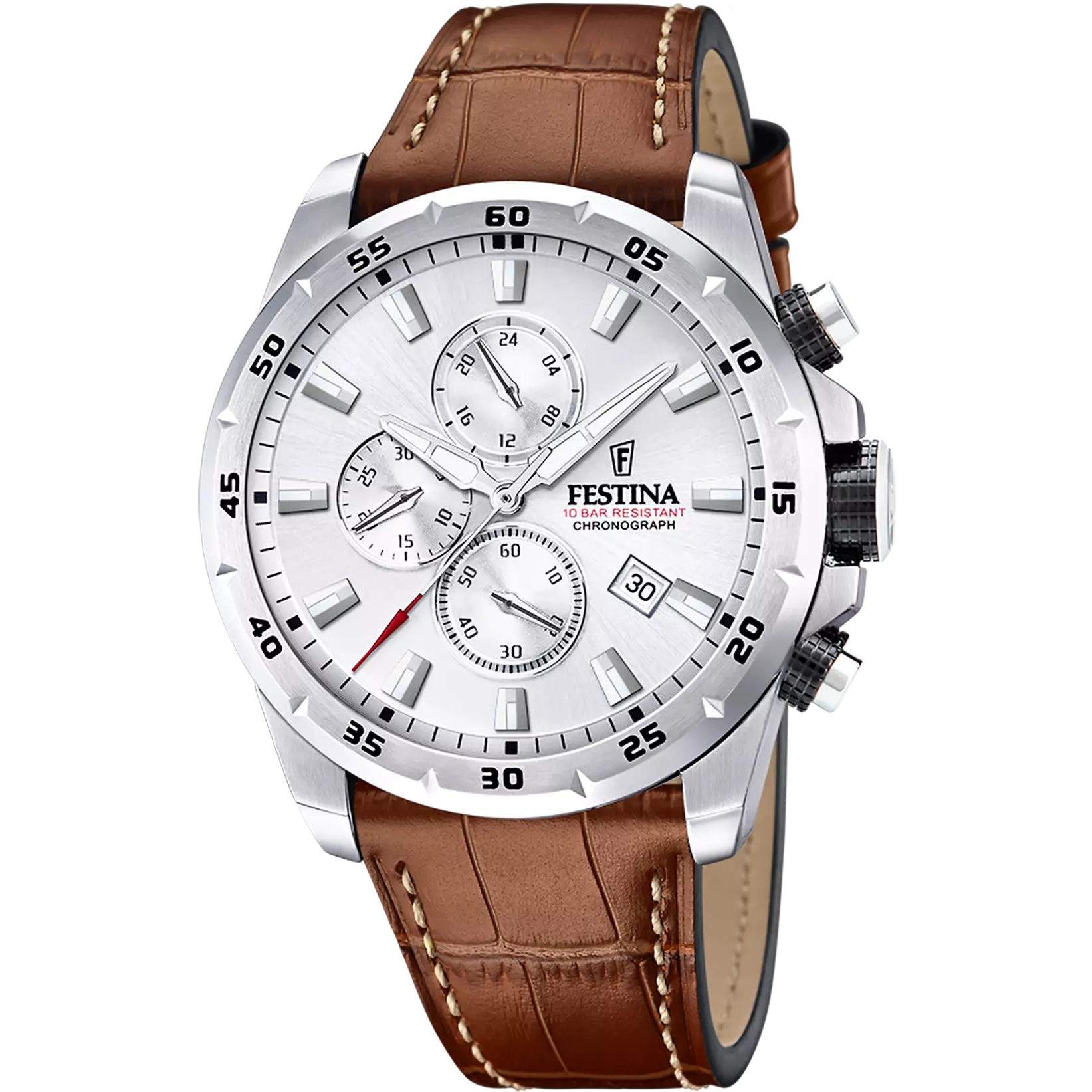 FESTINA Timeless Chronograph Silver Dial 45mm Silver Stainless Steel Brown Leather Strap F20692/1 - 
