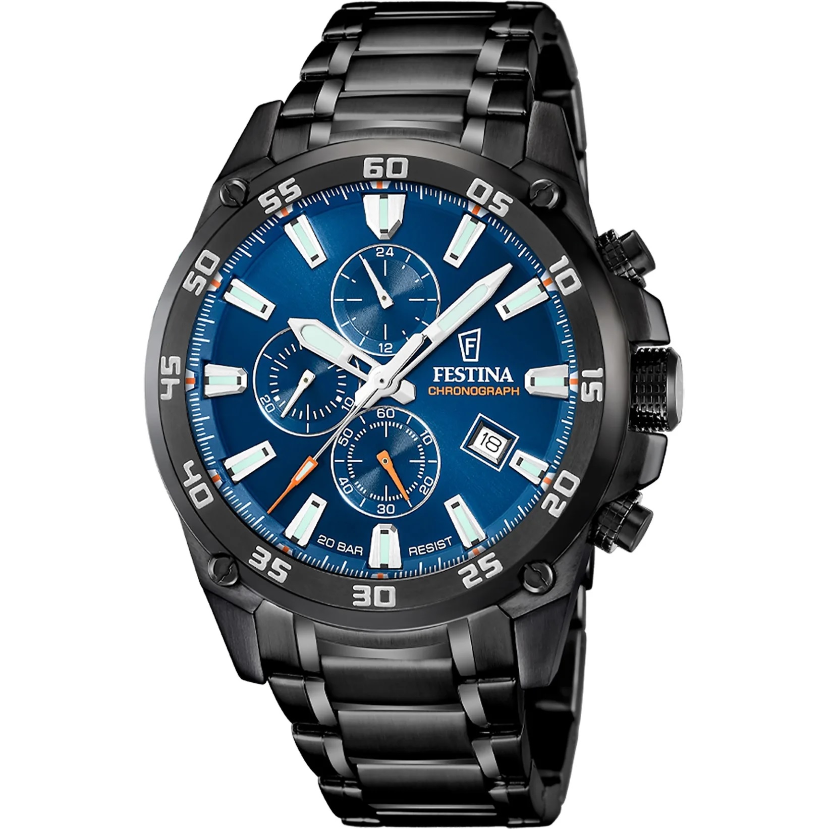 FESTINA Timeless Chronograph Blue Dial 47mm Black Stainless Steel Bracelet F20735/1 - 
