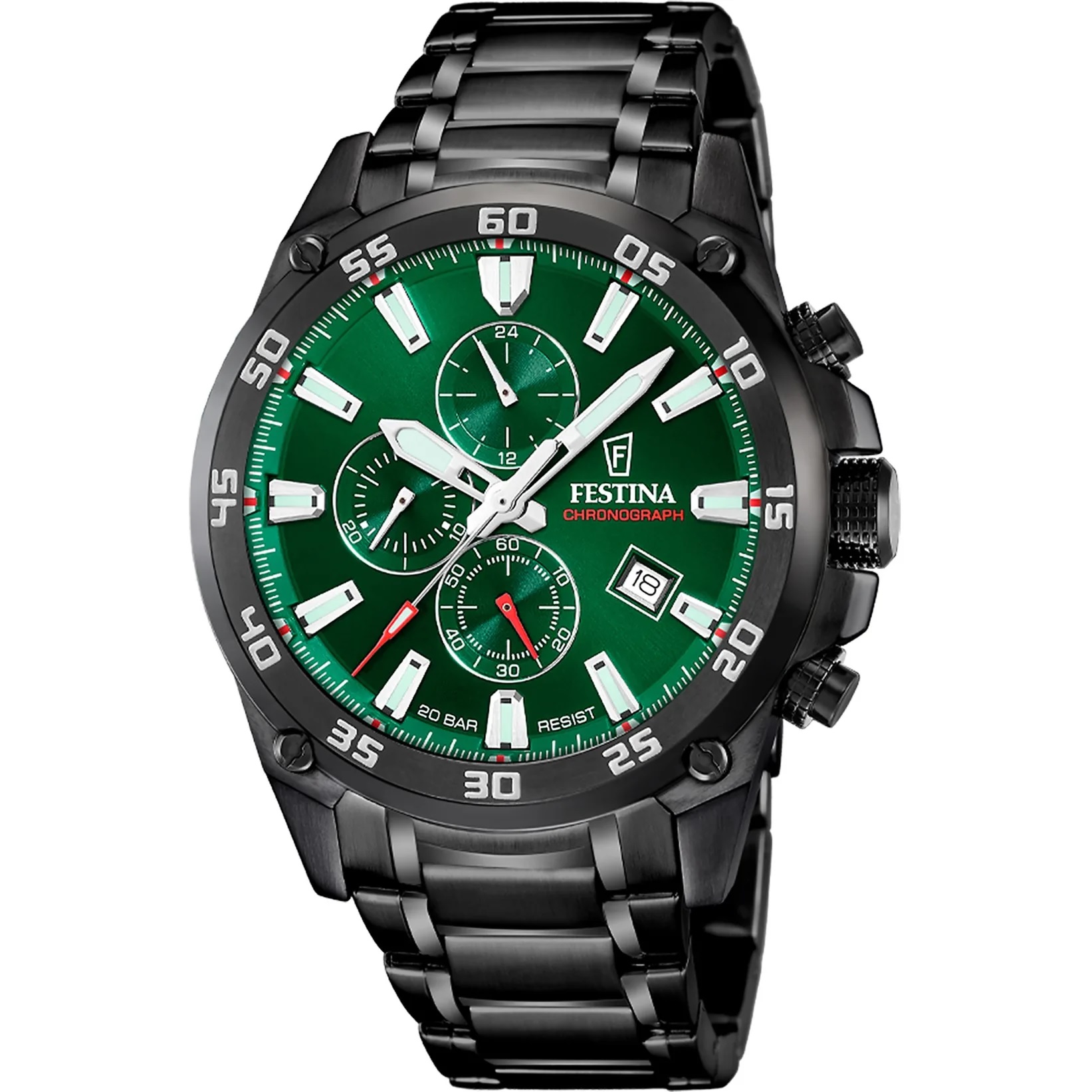 FESTINA Timeless Chronograph Green Dial 47mm Black Stainless Steel Bracelet F20735/2 - 