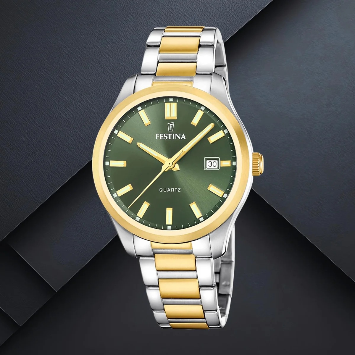 FESTINA Classic Green Dial 42mm Two Tone Gold Stainless Steel Bracelet F20738/2 - 