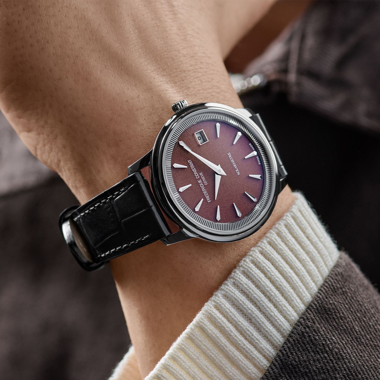 FREDERIQUE CONSTANT Classics Moneta Solarmetre Red Dial 39mm Silver Stainless Steel Blue Leather Strap FC-120BRG3S6 - 