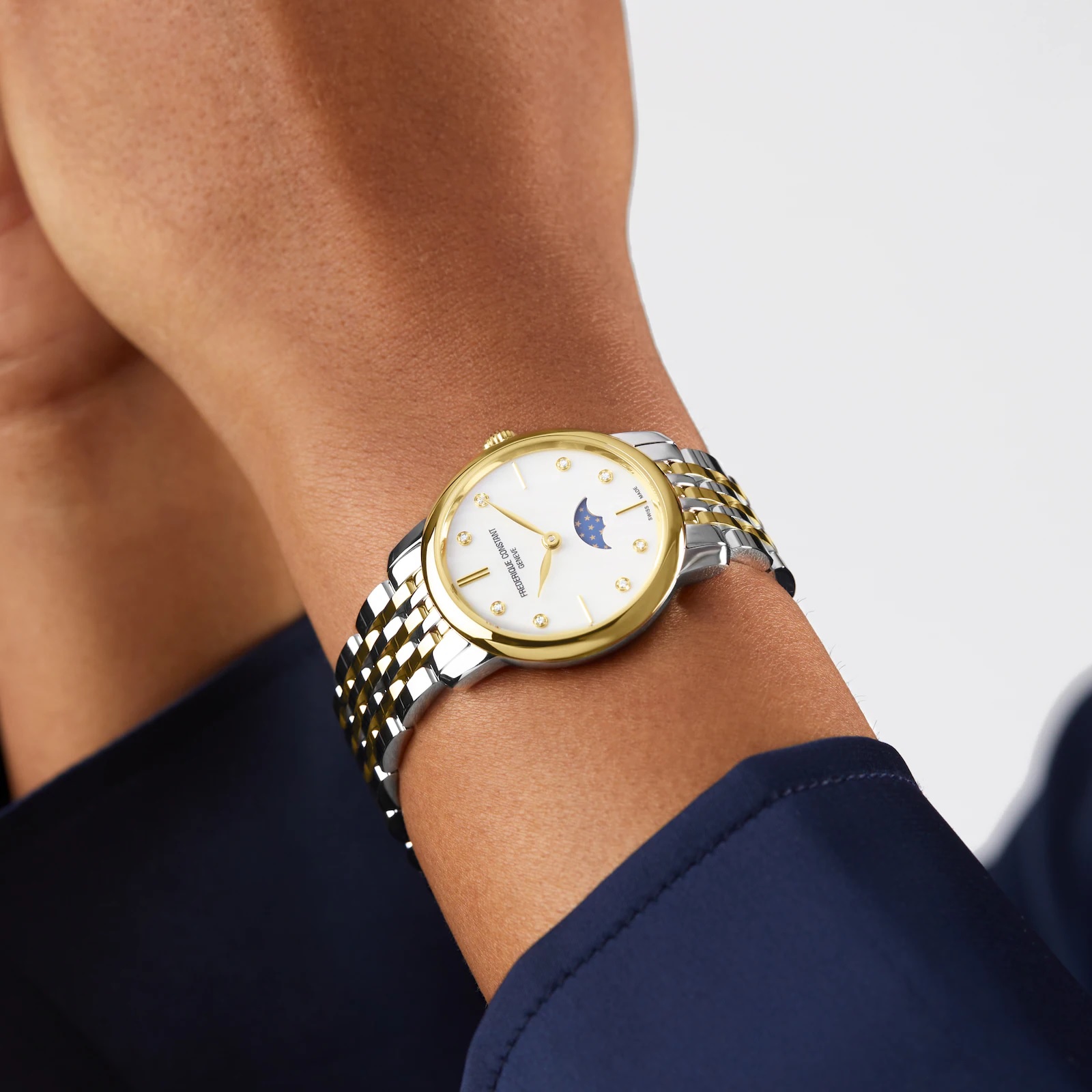 FREDERIQUE CONSTANT Classics Slimline Moonphase White Pearl Dial with Diamonds 30mm Two Tone Gold Stainless Steel Bracelet FC-206MPWD1S3B - 