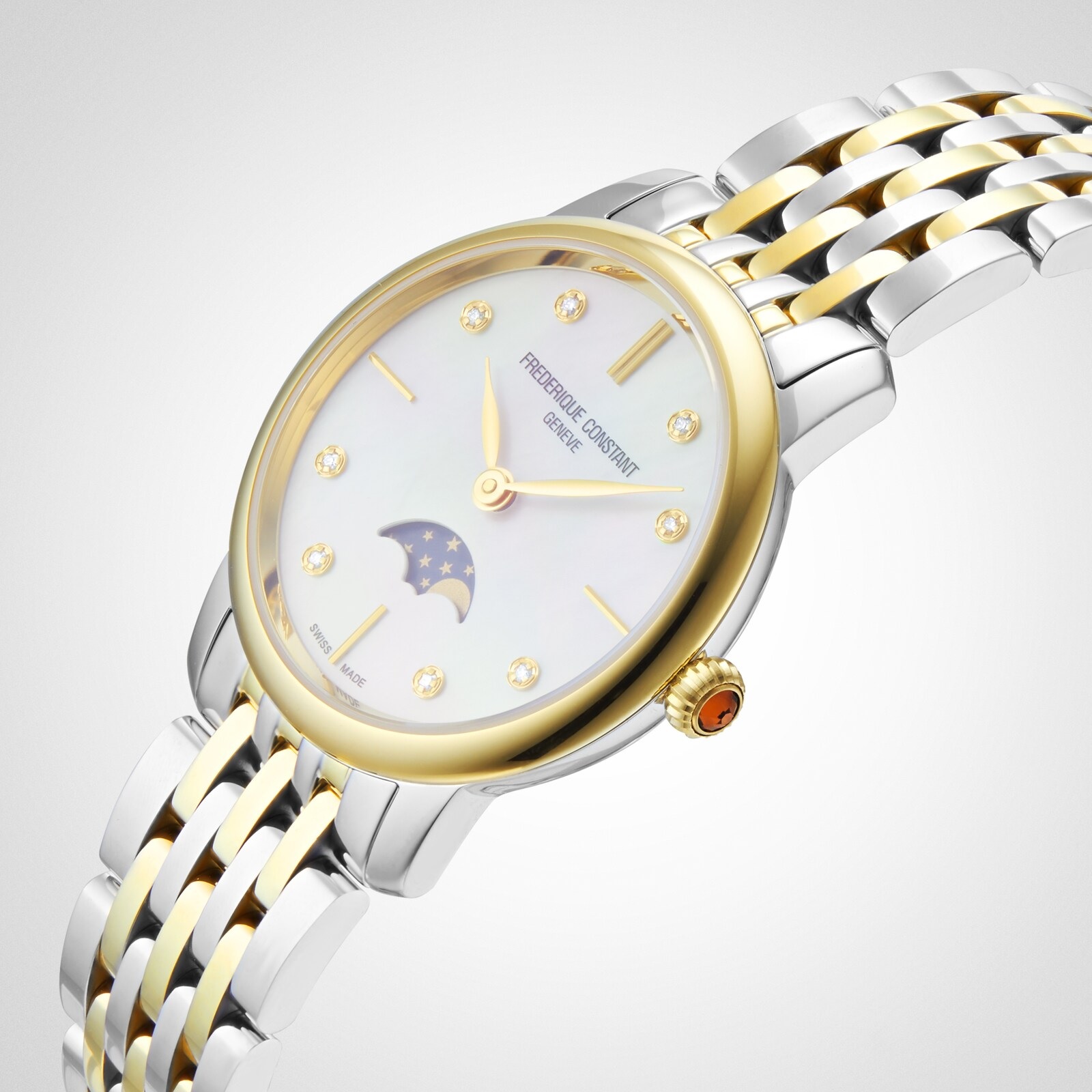 FREDERIQUE CONSTANT Classics Slimline Moonphase White Pearl Dial with Diamonds 30mm Two Tone Gold Stainless Steel Bracelet FC-206MPWD1S3B - 6