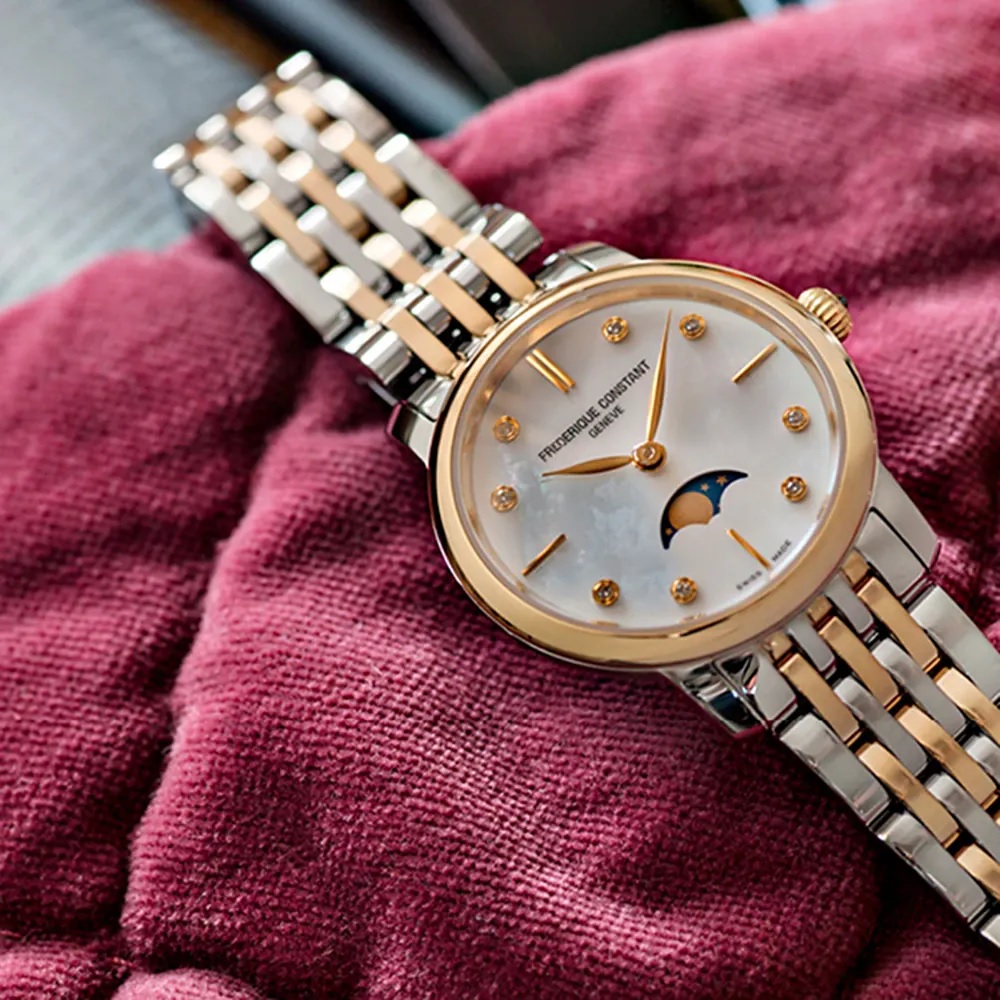 FREDERIQUE CONSTANT Classics Slimline Moonphase White Pearl Dial with Diamonds 30mm Two Tone Gold Stainless Steel Bracelet FC-206MPWD1S3B - 3