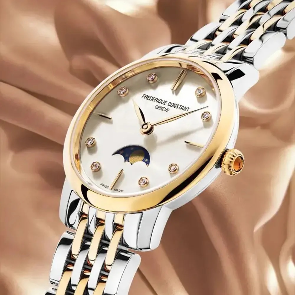 FREDERIQUE CONSTANT Classics Slimline Moonphase White Pearl Dial with Diamonds 30mm Two Tone Gold Stainless Steel Bracelet FC-206MPWD1S3B - 4