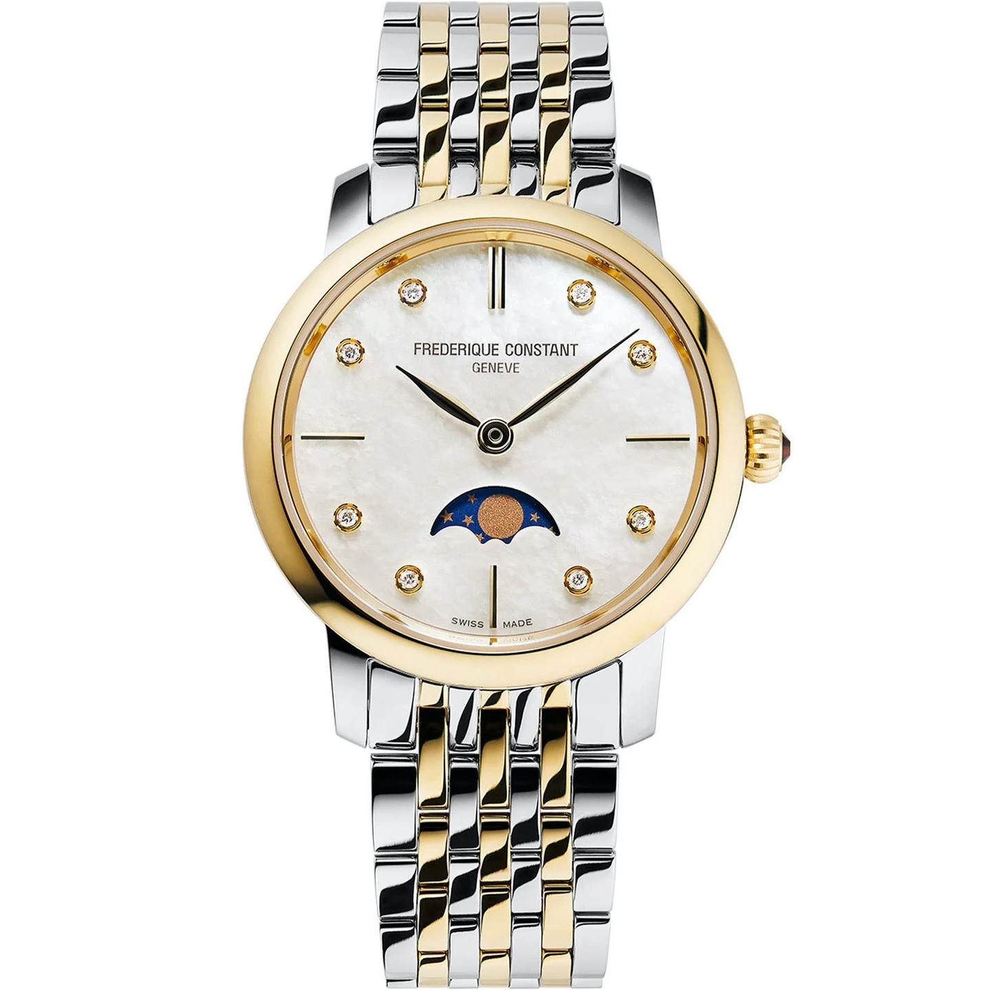 FREDERIQUE CONSTANT Classics Slimline Moonphase White Pearl Dial with Diamonds 30mm Two Tone Gold Stainless Steel Bracelet FC-206MPWD1S3B - 