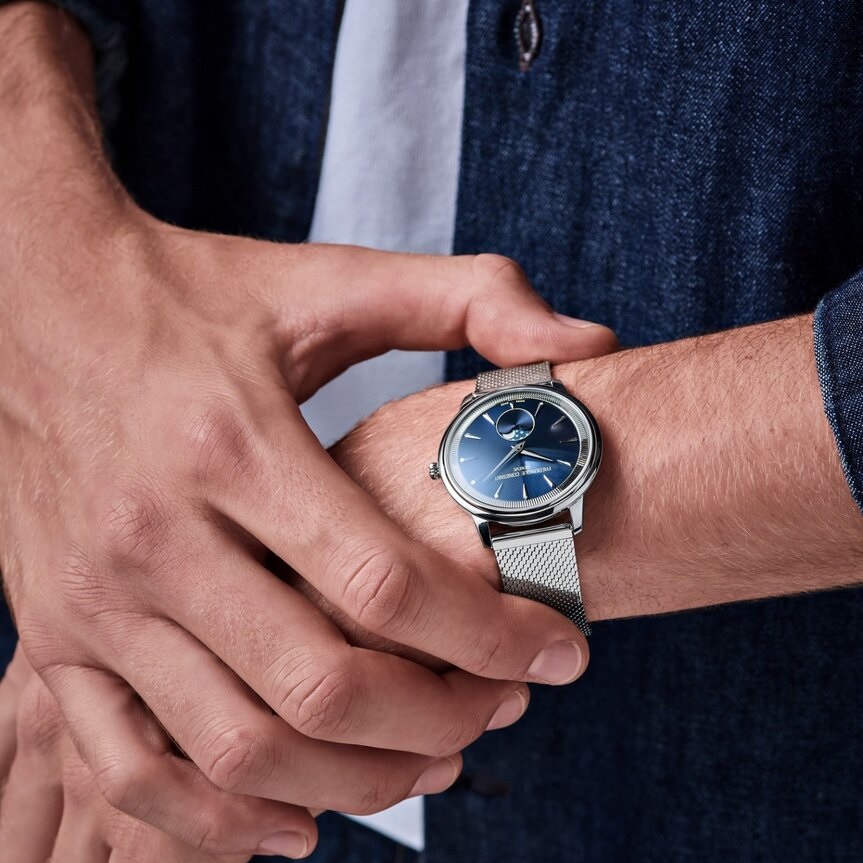 FREDERIQUE CONSTANT Moneta Moonphase Blue Dial 37mm Silver Stainless Steel Milanese Bracelet FC-206N3S6B - 