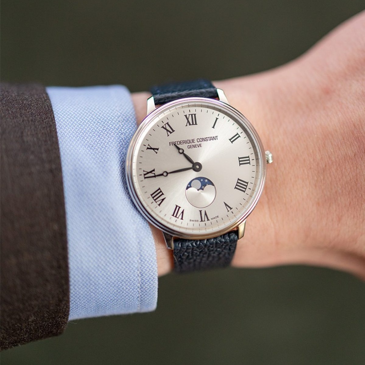 FREDERIQUE CONSTANT Classics Quartz Moonphase Silver Sunray Dial 39mm Silver Stainless Steel Blue Leather Strap FC-206RS3S6 - 