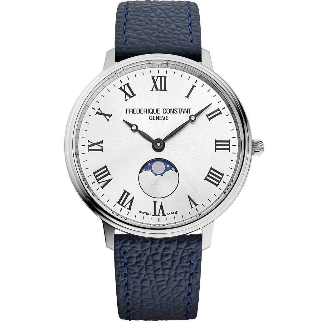 FREDERIQUE CONSTANT Classics Quartz Moonphase Silver Sunray Dial 39mm Silver Stainless Steel Blue Leather Strap FC-206RS3S6 - 