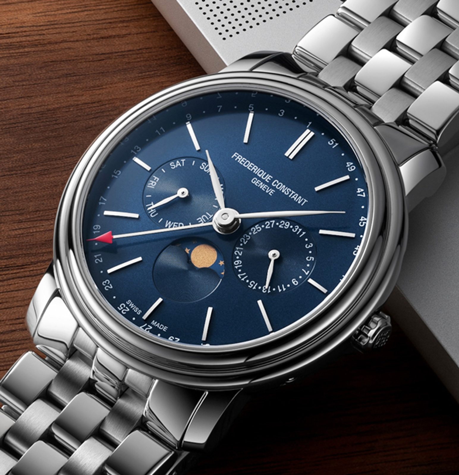 FREDERIQUE CONSTANT Business Timer Moonphase Blue Dial 40mm Silver Stainless Steel Bracelet FC-270N4P6B - 