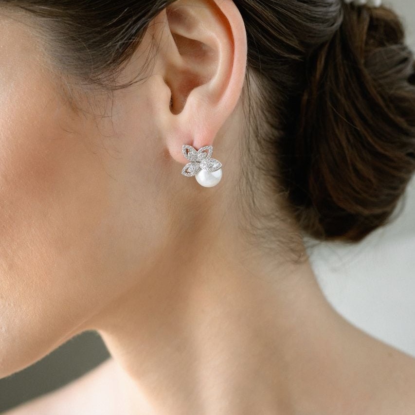 EARRINGS Dangle Full Stone Gloria Hope Silver Plated with Zircon Stones and Pearls GH25W-10082 - 