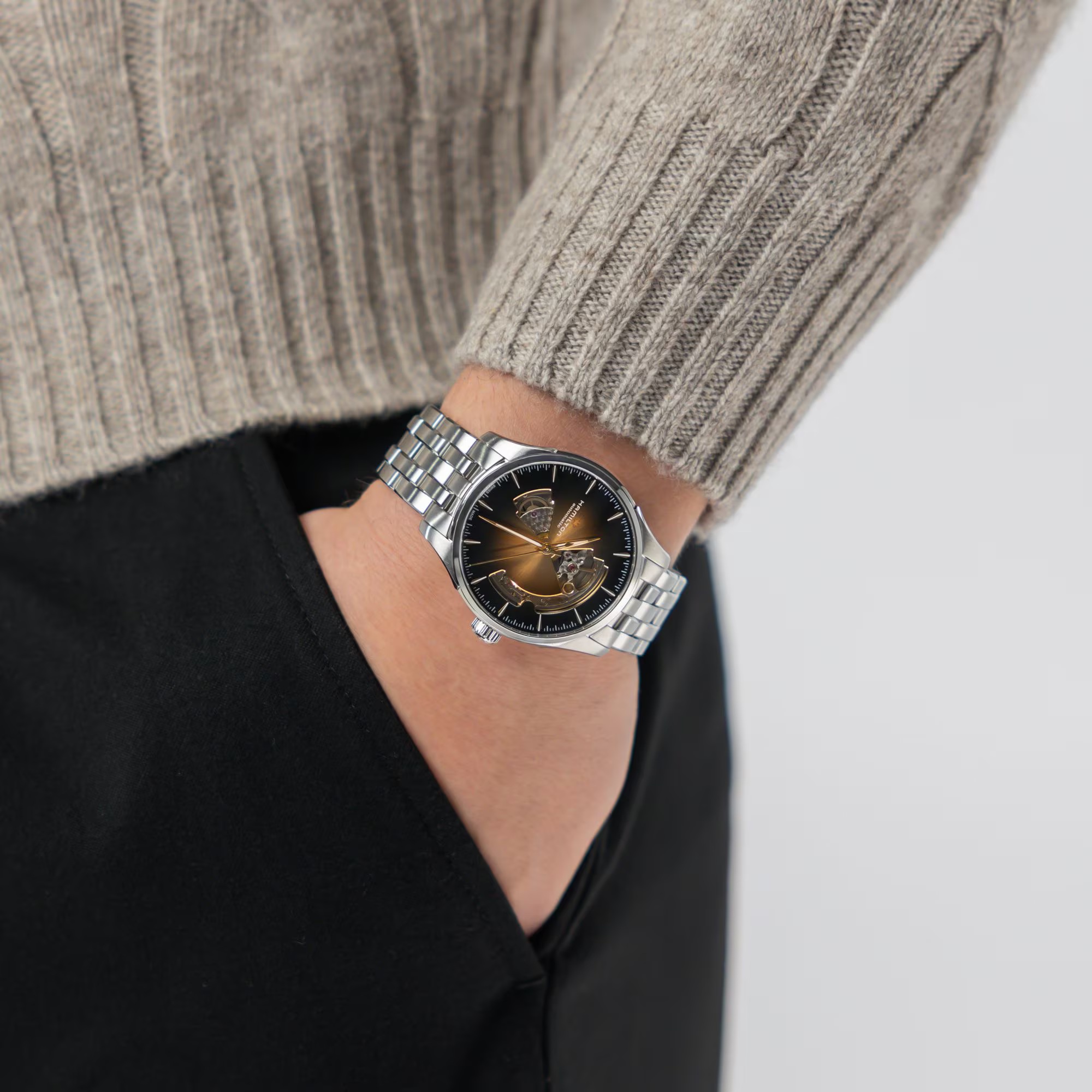 HAMILTON Jazzmaster Open Heart Auto Grey Sunray Brushed Dial 42mm Silver Stainless Steel Bracelet H32705180 - 