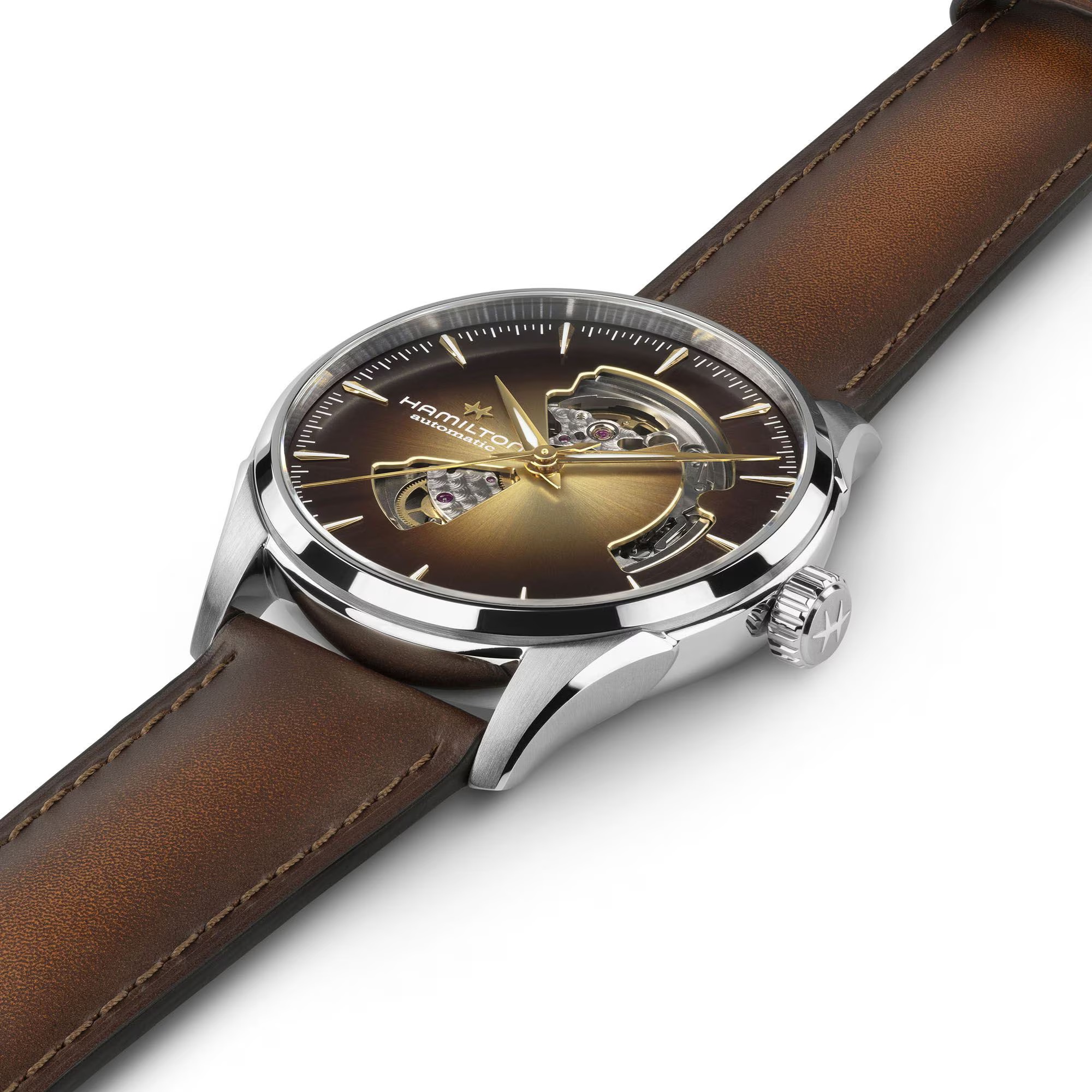 HAMILTON Jazzmaster Open Heart Auto Champagne Dial 42mm Silver Stainless Steel Brown Leather Strap H32705501 - 3