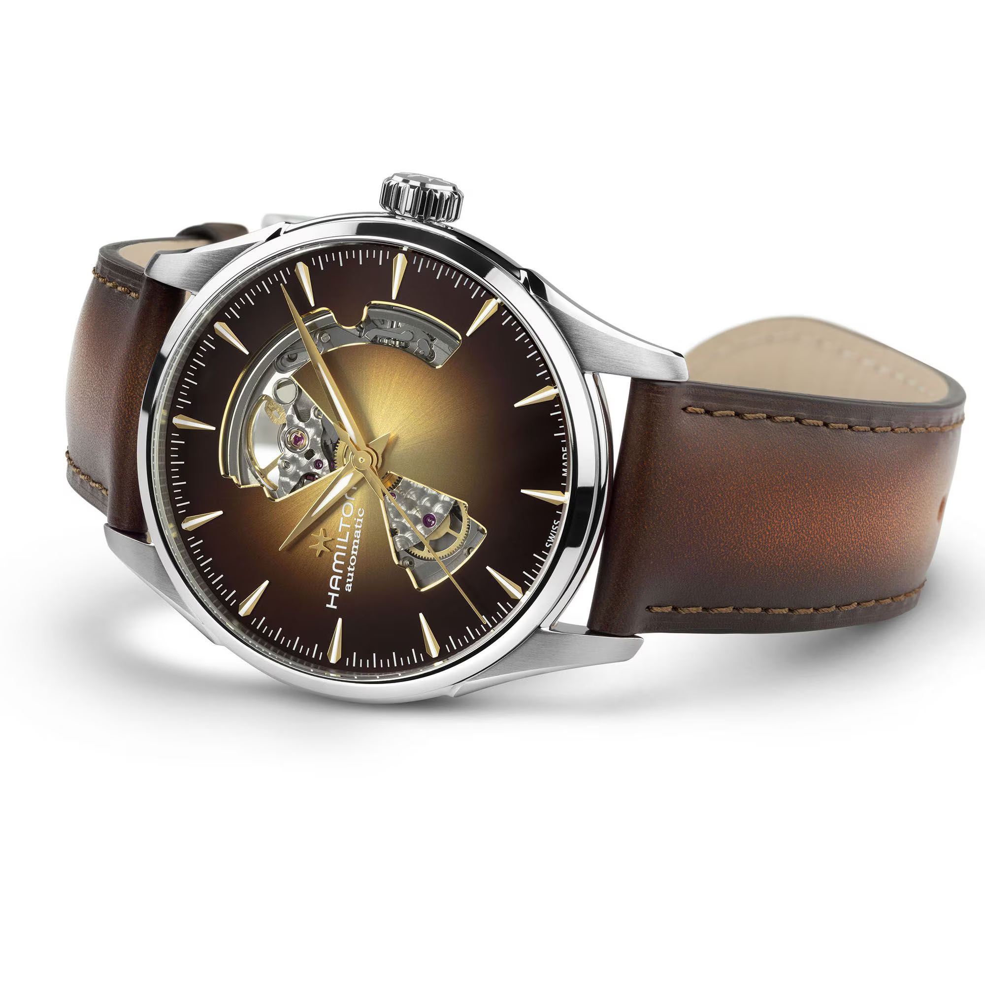 HAMILTON Jazzmaster Open Heart Auto Champagne Dial 42mm Silver Stainless Steel Brown Leather Strap H32705501 - 4