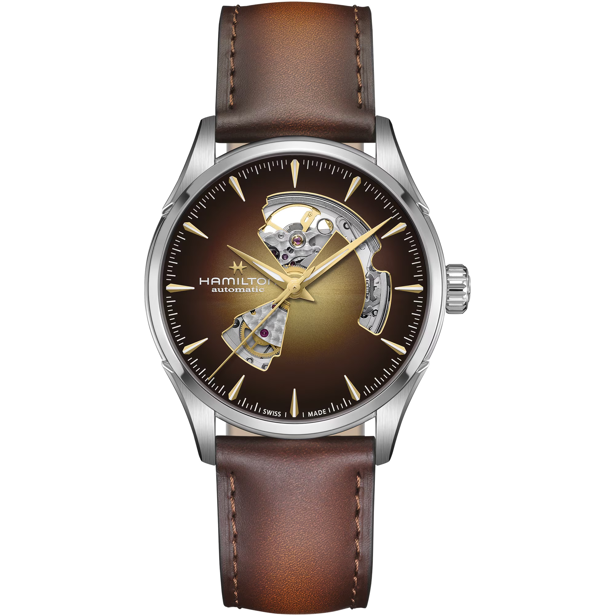 HAMILTON Jazzmaster Open Heart Auto Champagne Dial 42mm Silver Stainless Steel Brown Leather Strap H32705501 - 