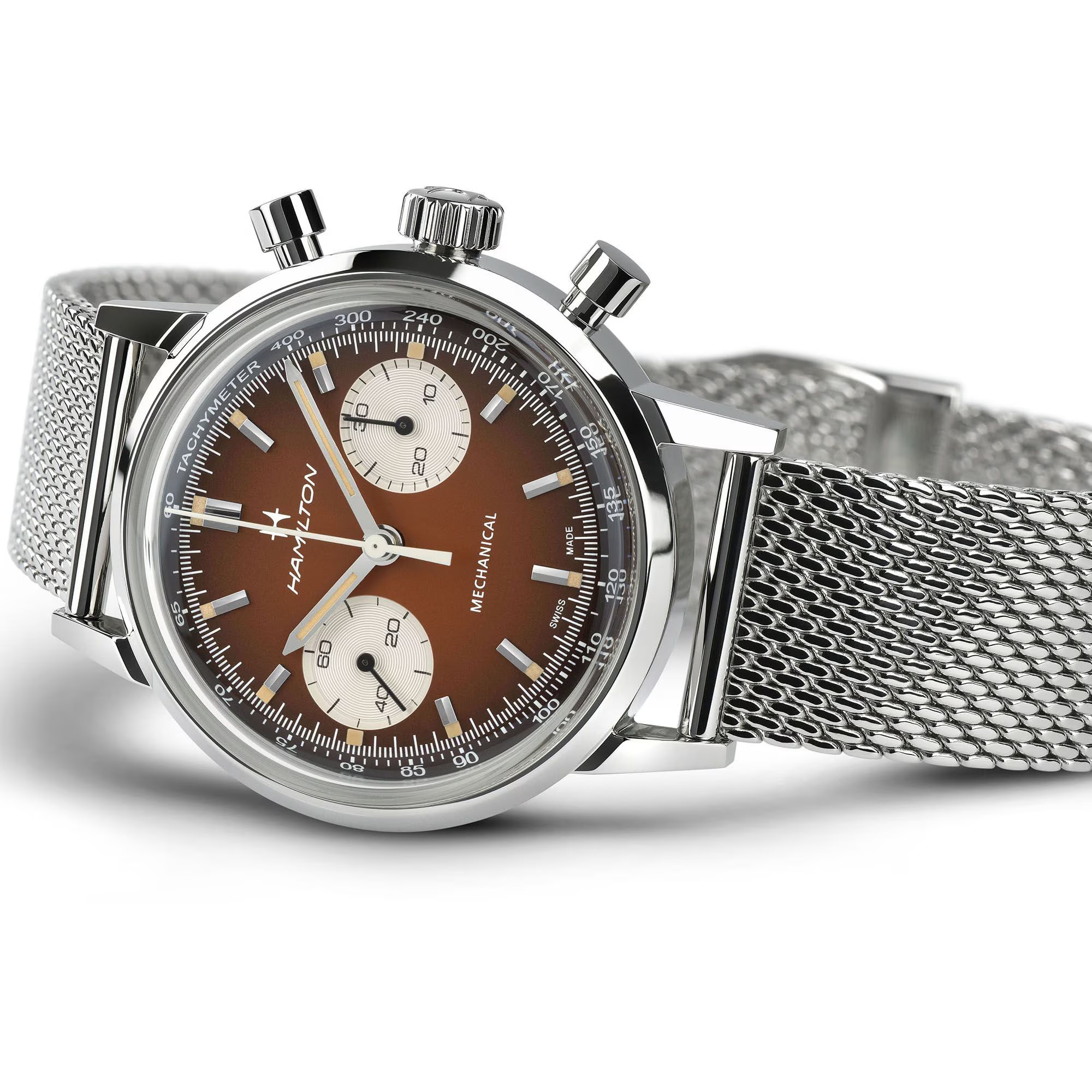 HAMILTON American Classic Intra-Matic Mechanical Chronograph Brown Dial 40mm Silver Stainless Steel Brown Leather Strap with Milanese Bracelet H38429591 - 8