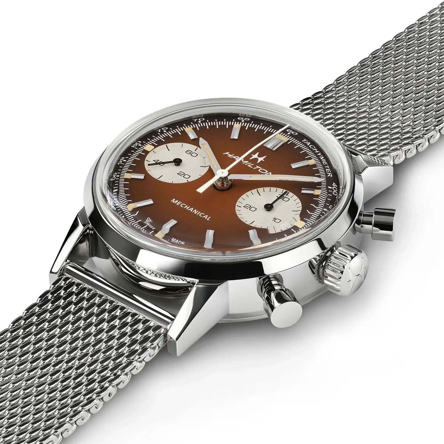 HAMILTON American Classic Intra-Matic Mechanical Chronograph Brown Dial 40mm Silver Stainless Steel Brown Leather Strap with Milanese Bracelet H38429591 - 6