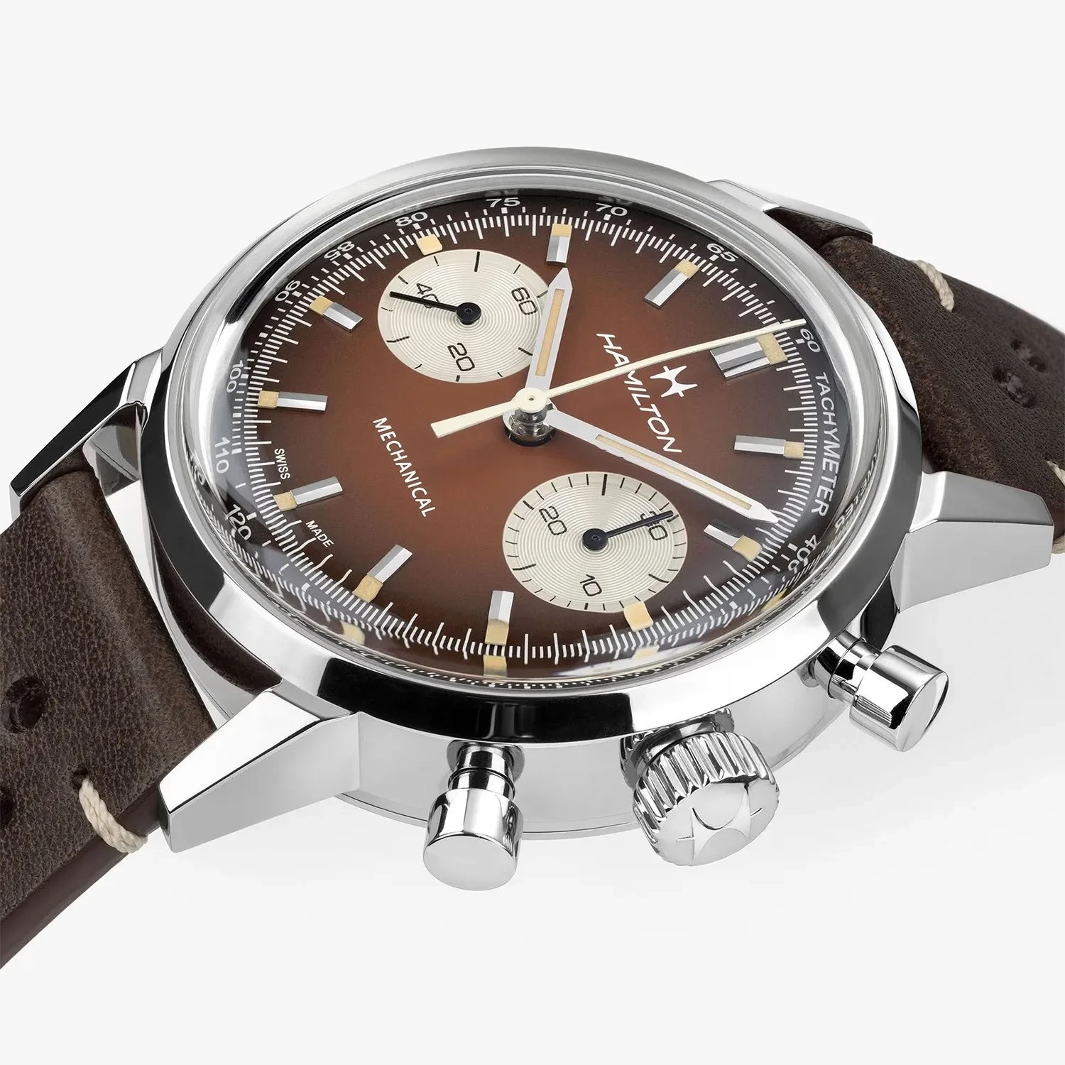 HAMILTON American Classic Intra-Matic Mechanical Chronograph Brown Dial 40mm Silver Stainless Steel Brown Leather Strap with Milanese Bracelet H38429591 - 7