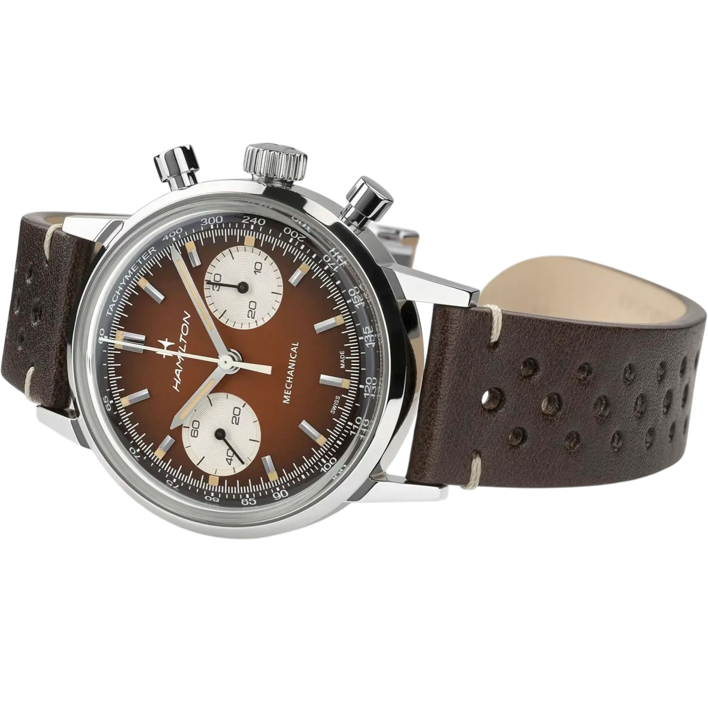 HAMILTON American Classic Intra-Matic Mechanical Chronograph Brown Dial 40mm Silver Stainless Steel Brown Leather Strap with Milanese Bracelet H38429591 - 9