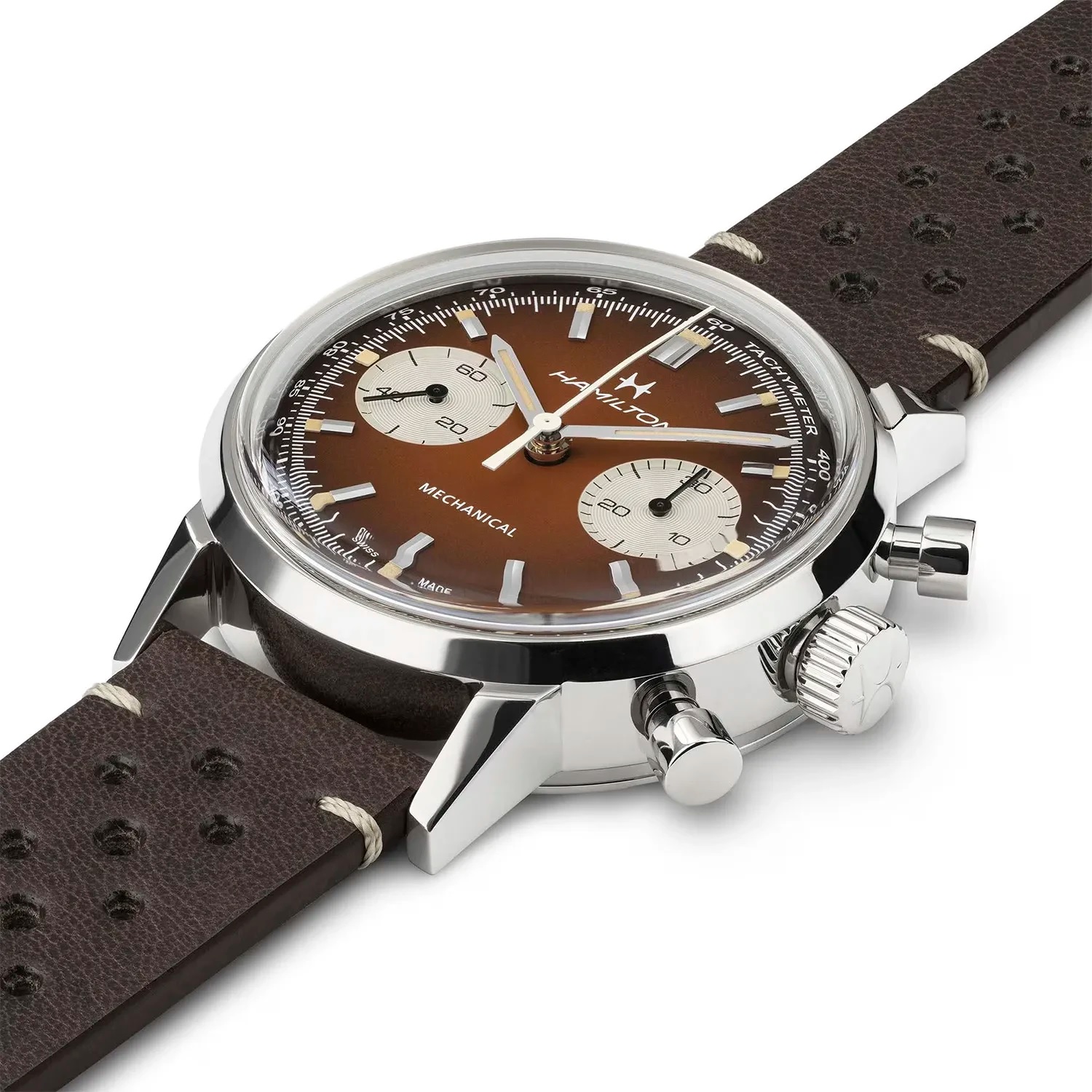 HAMILTON American Classic Intra-Matic Mechanical Chronograph Brown Dial 40mm Silver Stainless Steel Brown Leather Strap with Milanese Bracelet H38429591 - 5