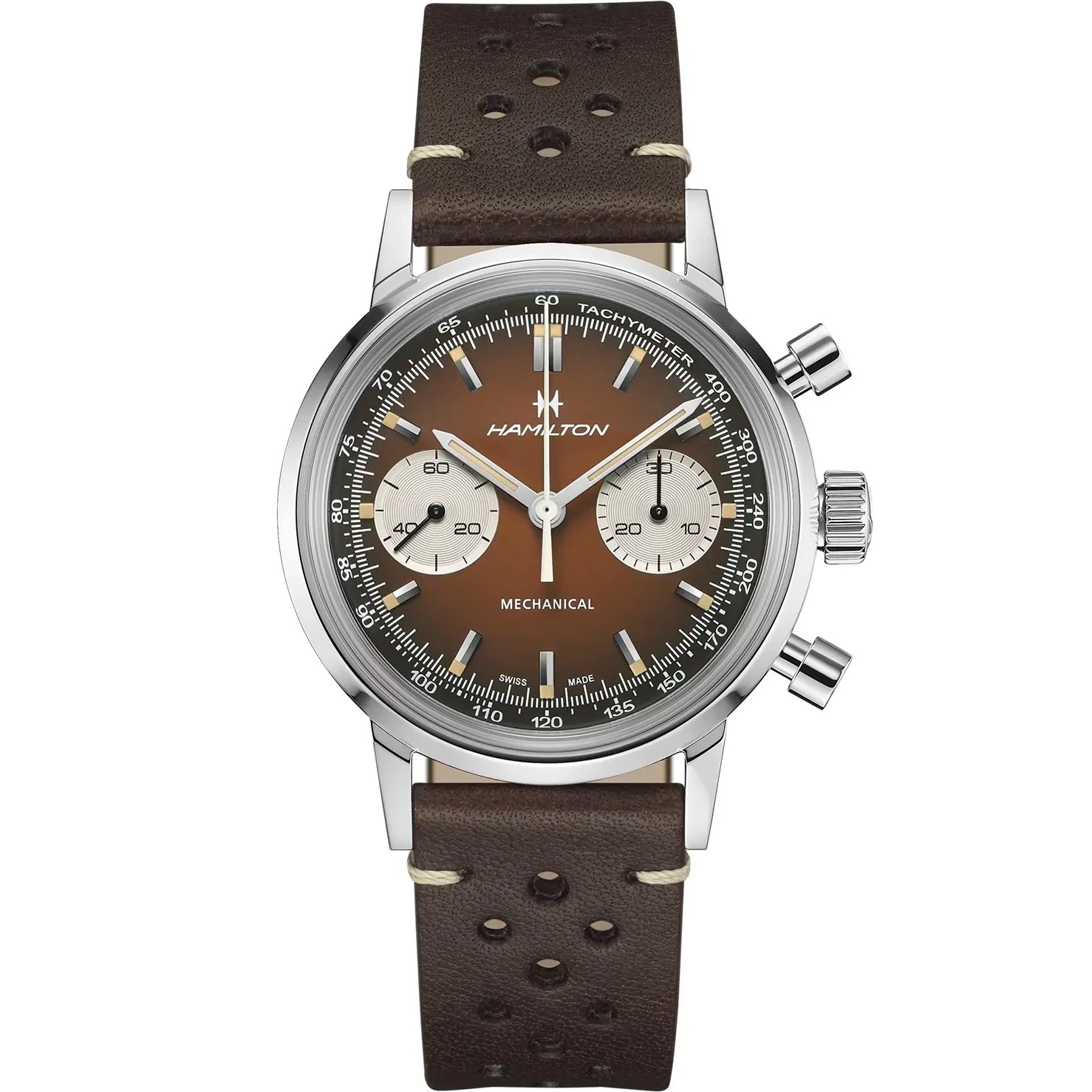 HAMILTON American Classic Intra-Matic Mechanical Chronograph Brown Dial 40mm Silver Stainless Steel Brown Leather Strap with Milanese Bracelet H38429591 - 