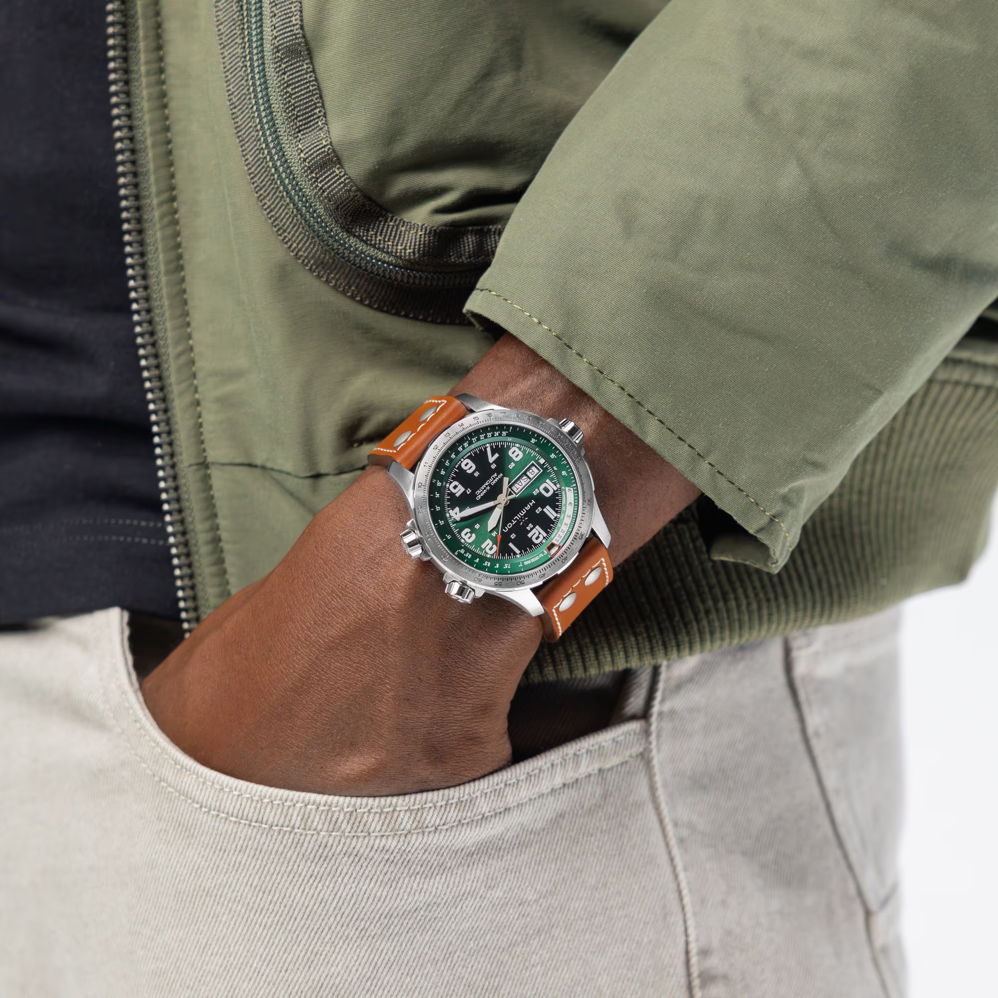 HAMILTON Khaki Aviation X-Wind Day Date Auto Green Dial 45mm Silver Stainless Steel Brown Leather Strap H77735560 - 