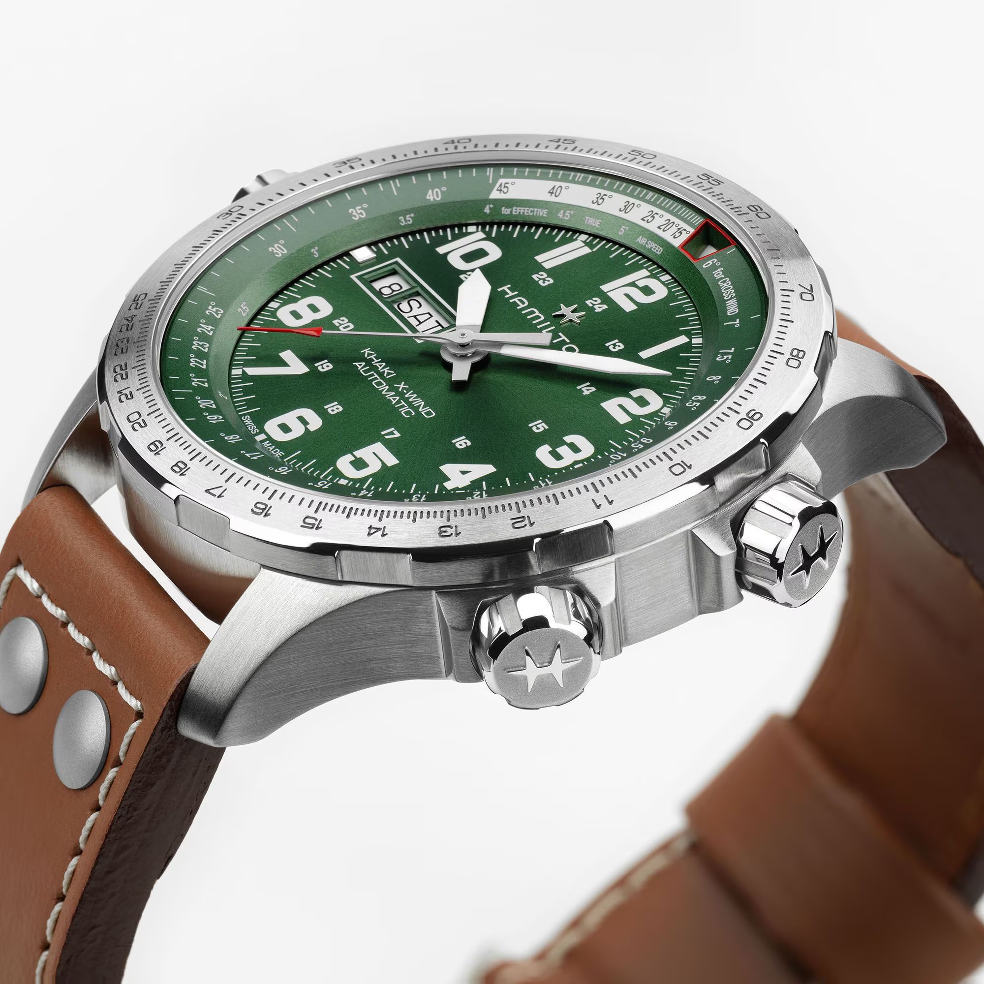 HAMILTON Khaki Aviation X-Wind Day Date Auto Green Dial 45mm Silver Stainless Steel Brown Leather Strap H77735560 - 5