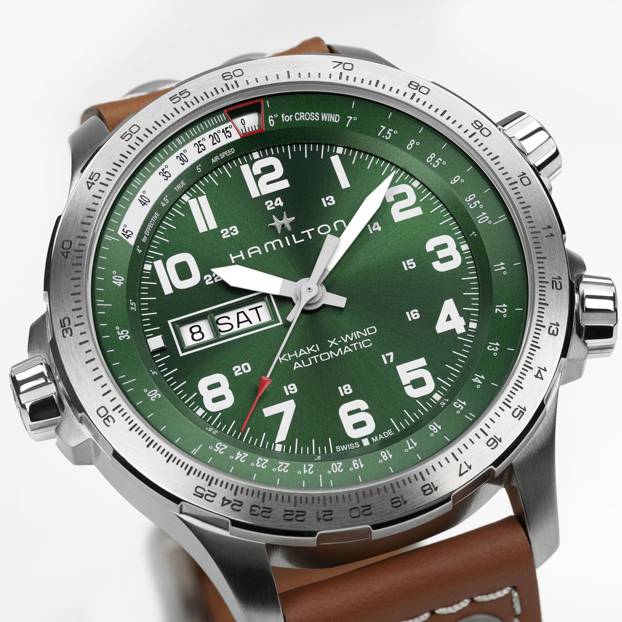 HAMILTON Khaki Aviation X-Wind Day Date Auto Green Dial 45mm Silver Stainless Steel Brown Leather Strap H77735560 - 6