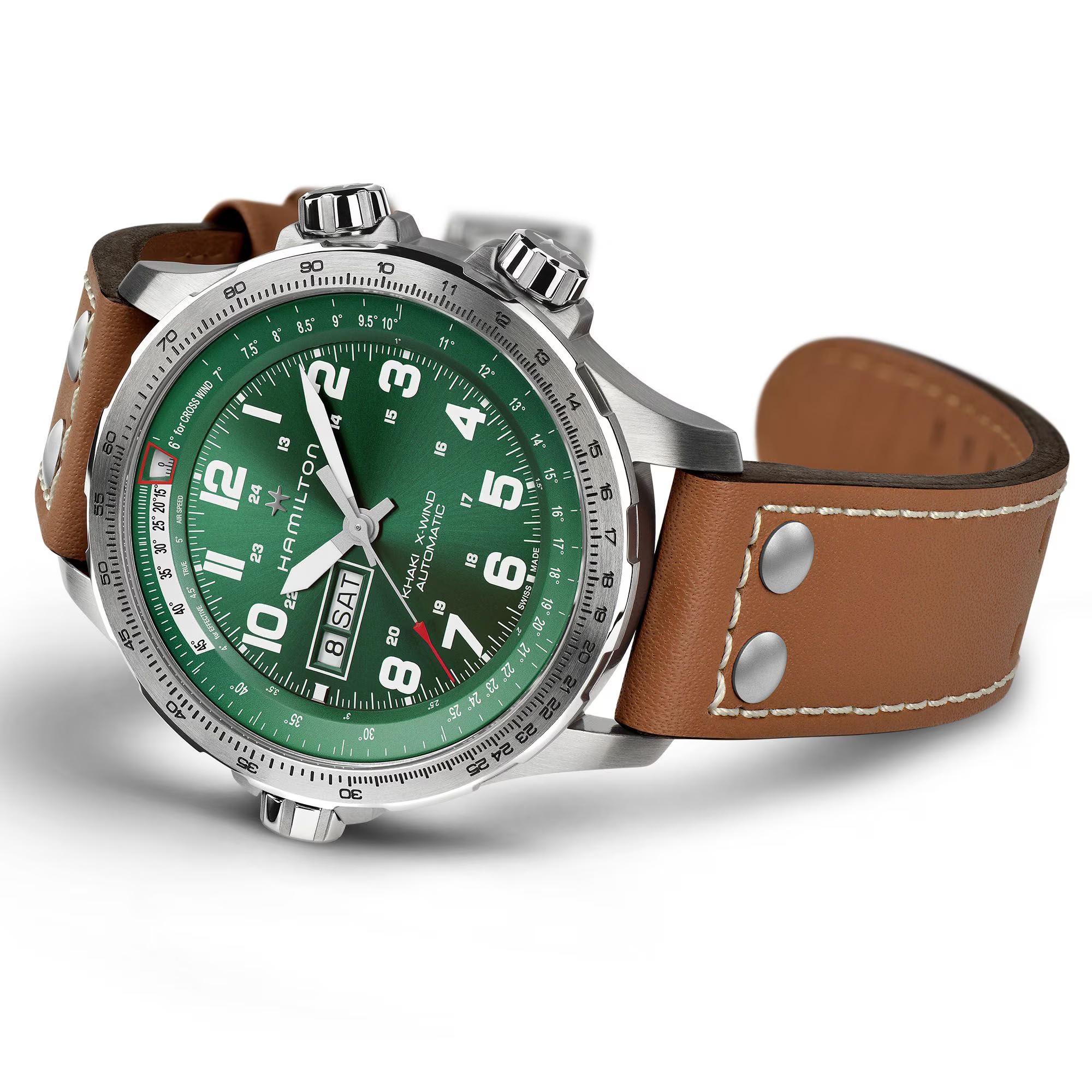 HAMILTON Khaki Aviation X-Wind Day Date Auto Green Dial 45mm Silver Stainless Steel Brown Leather Strap H77735560 - 7