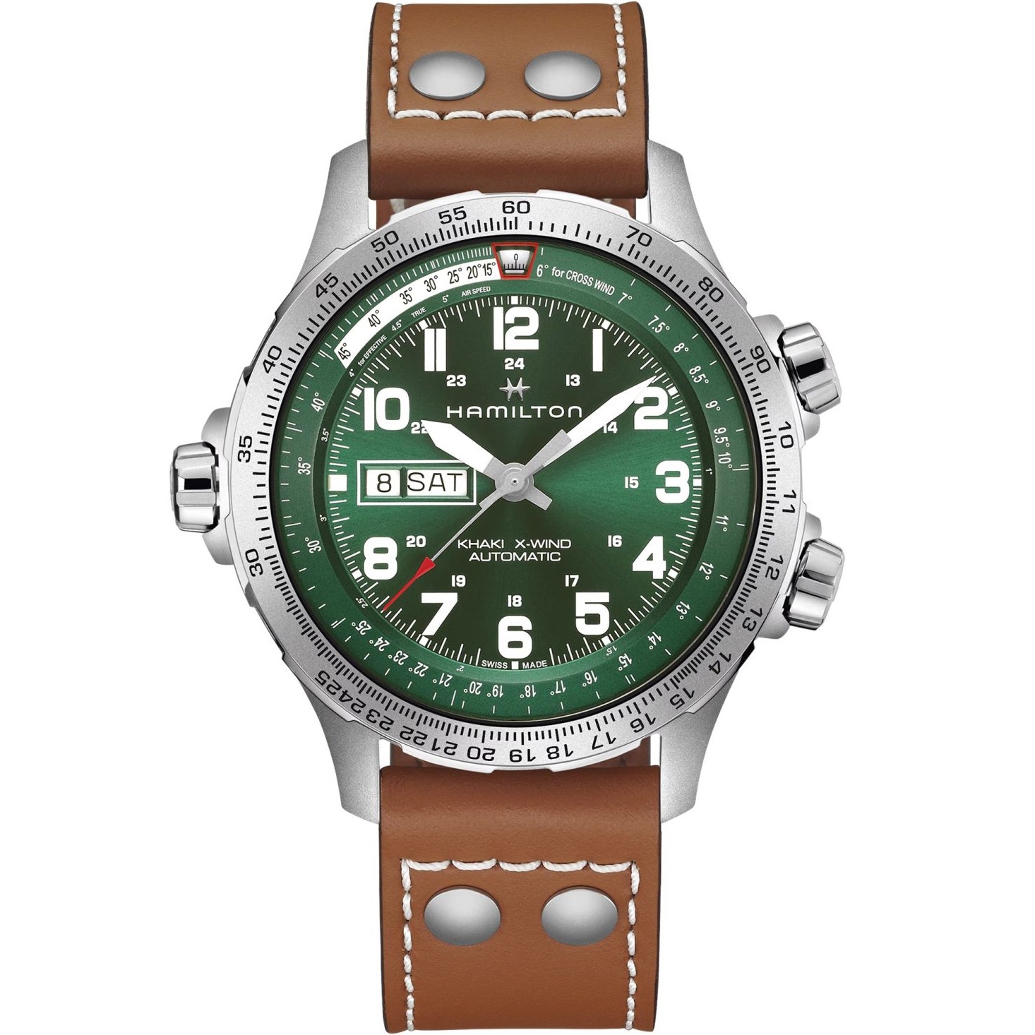HAMILTON Khaki Aviation X-Wind Day Date Auto Green Dial 45mm Silver Stainless Steel Brown Leather Strap H77735560 - 