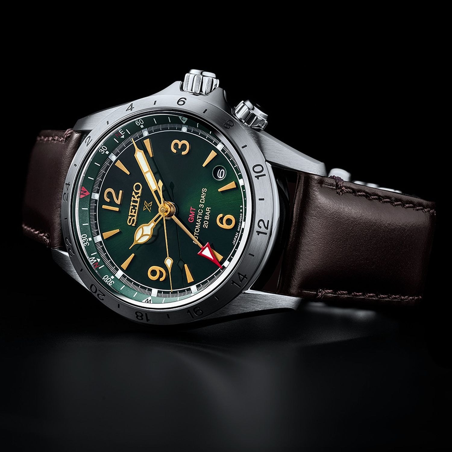 SEIKO Prospex Alpinist Automatic GMT Green Dial 39.5mm Silver Stainless Steel Brown Leather Strap HBC007J1 - 