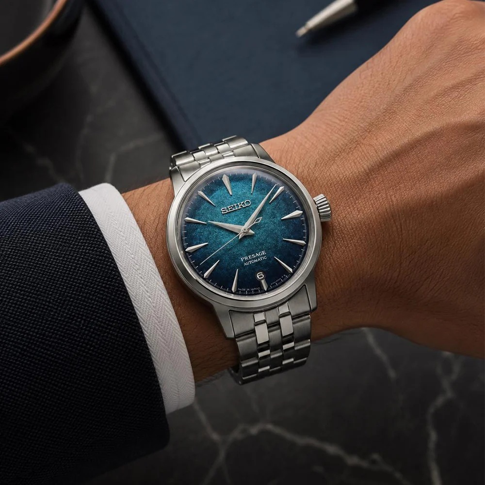 SEIKO Presage Cocktail Time 'Emerald Mist' Automatic Blue Dial 38.5mm Silver Stainless Bracelet HCB001J1 - 