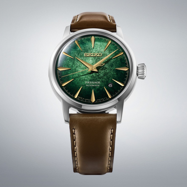 SEIKO Presage Cocktail Time 'Mint Mist' Automatic Green Dial 38.5mm Silver Stainless Brown Leather Strap HCB002J1 - 