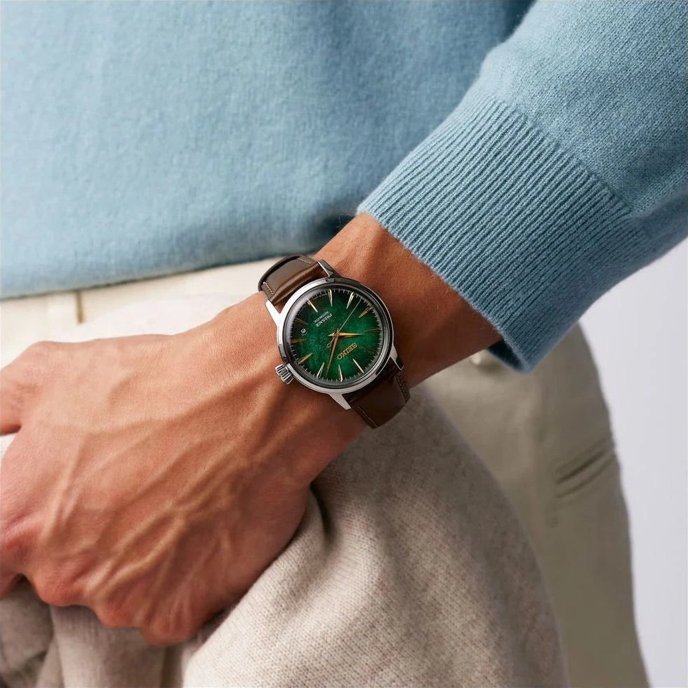 SEIKO Presage Cocktail Time 'Mint Mist' Automatic Green Dial 38.5mm Silver Stainless Brown Leather Strap HCB002J1 - 