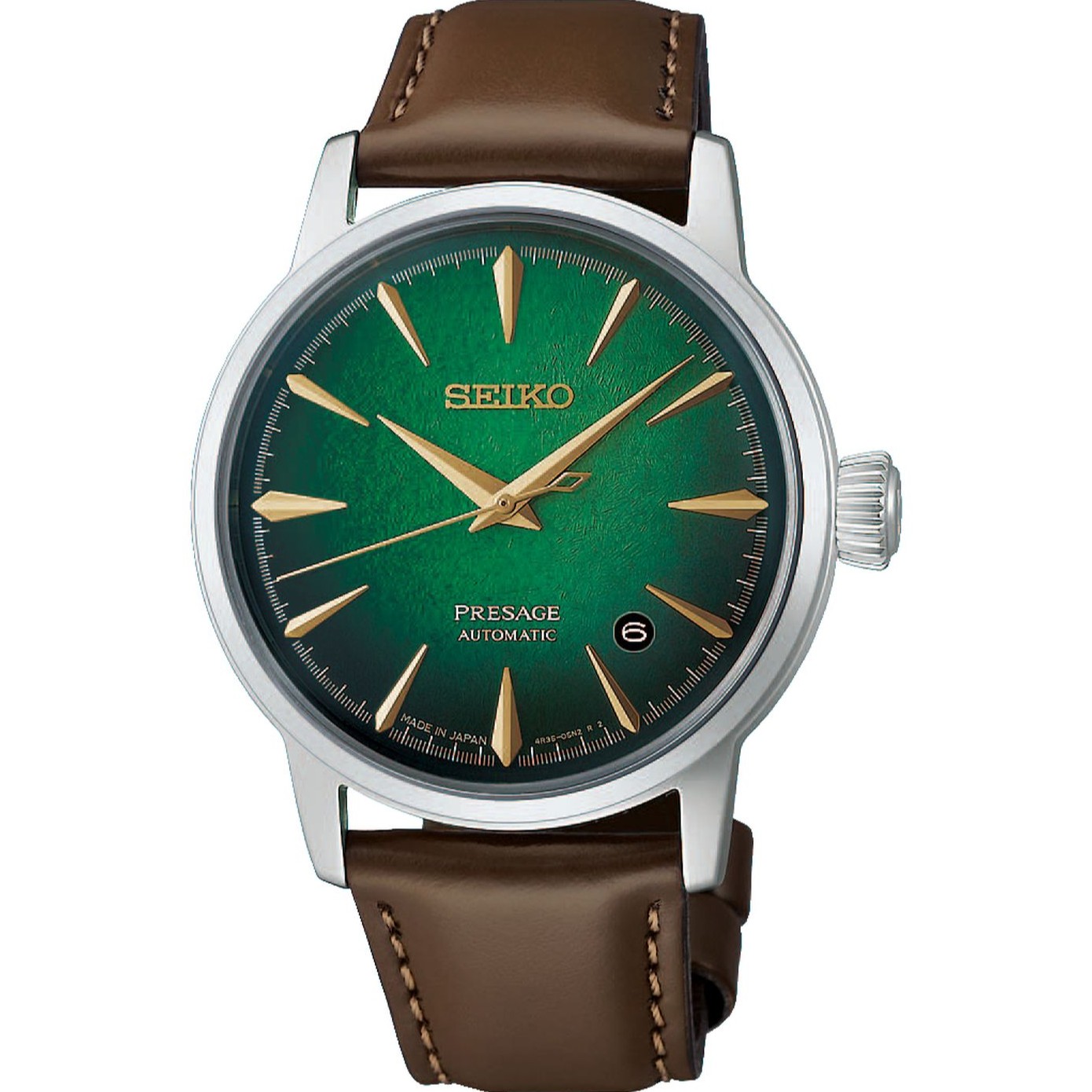 SEIKO Presage Cocktail Time 'Mint Mist' Automatic Green Dial 38.5mm Silver Stainless Brown Leather Strap HCB002J1 - 