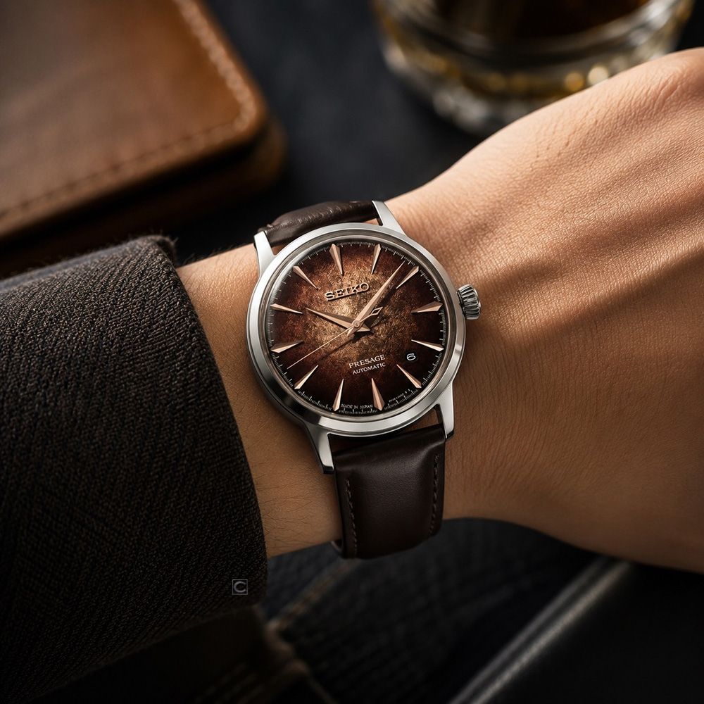 SEIKO Presage Cocktail Time 'Whisky Mist' Automatic Brown Dial 38.5mm Silver Stainless Brown Leather Strap HCB003J1 - 